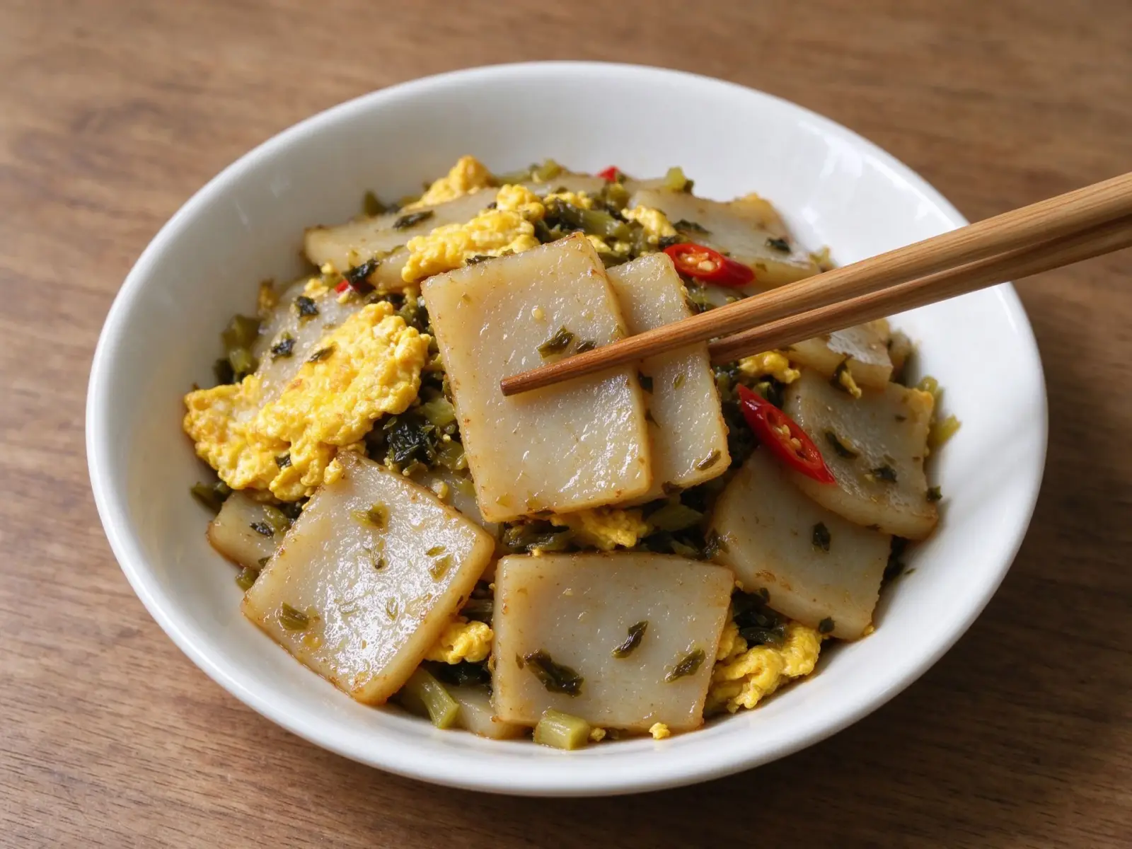 Stir-fried alkaline rice cake slices with egg, pickled greens and chilli in a white bowl