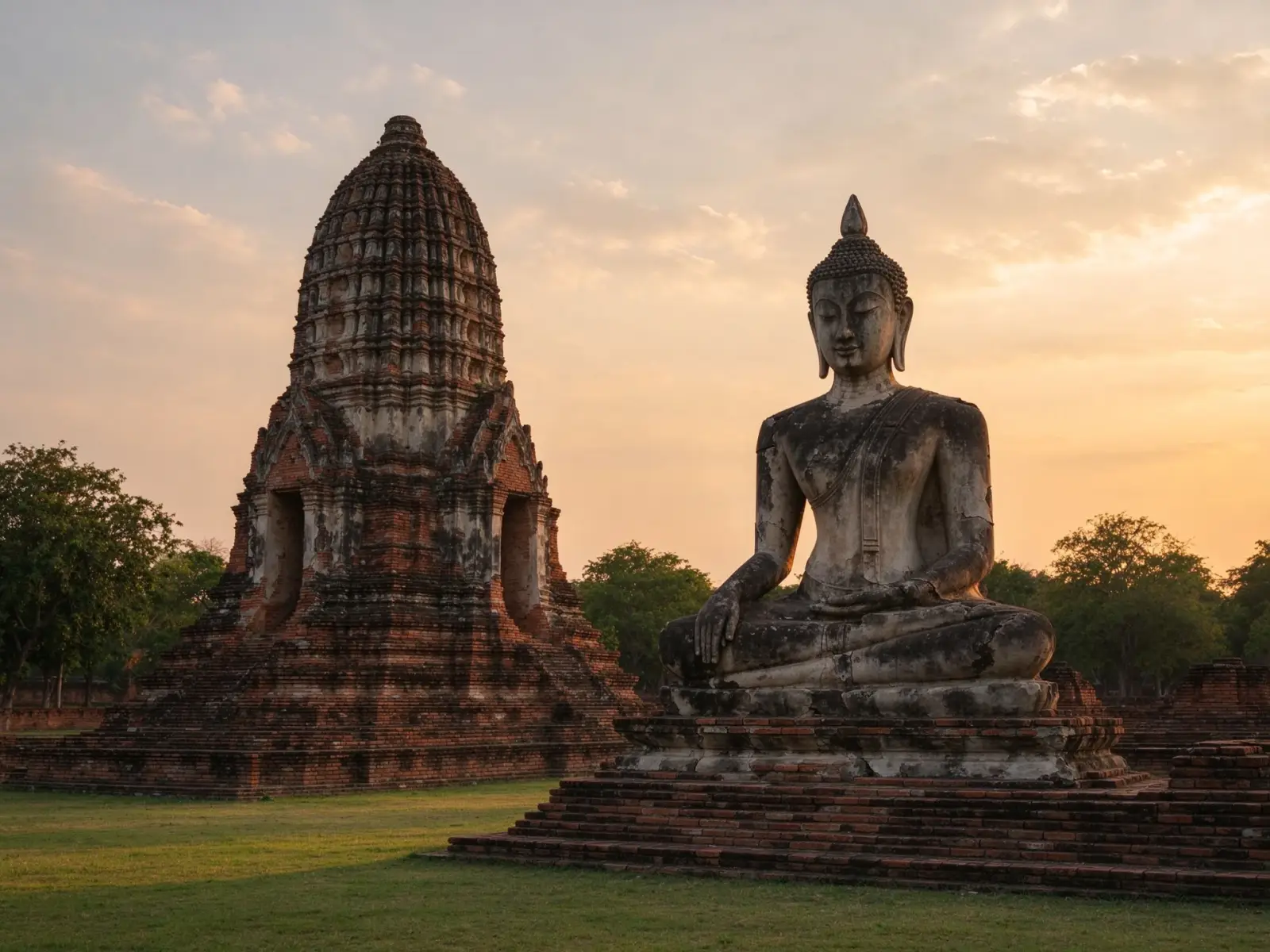 Brick stupas and ancient statues in the Ayutthaya historical park