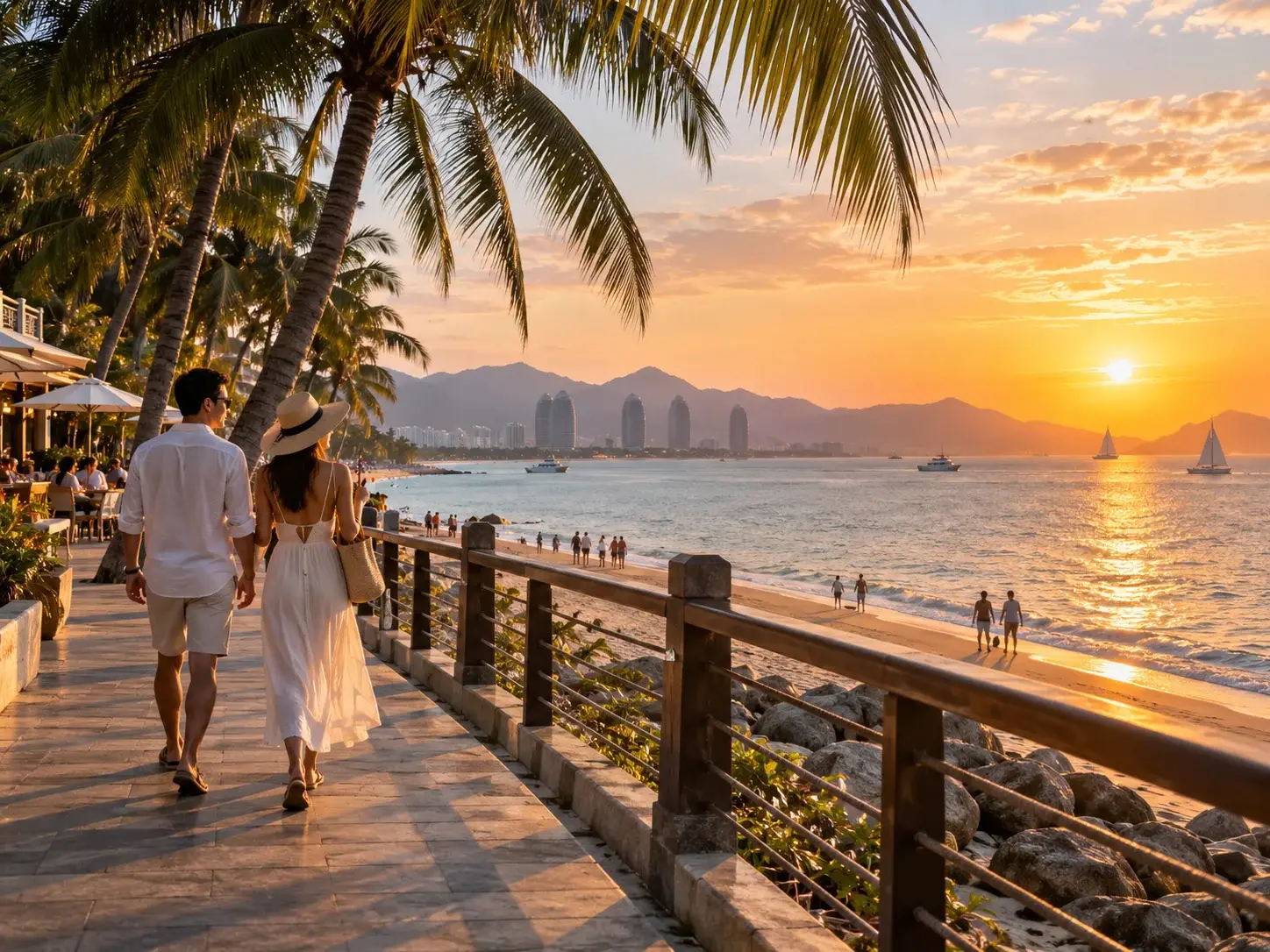 A couple walking the seaside promenade at golden sunset in Sanya, with palm trees, a sandy beach, boats and distant headlands