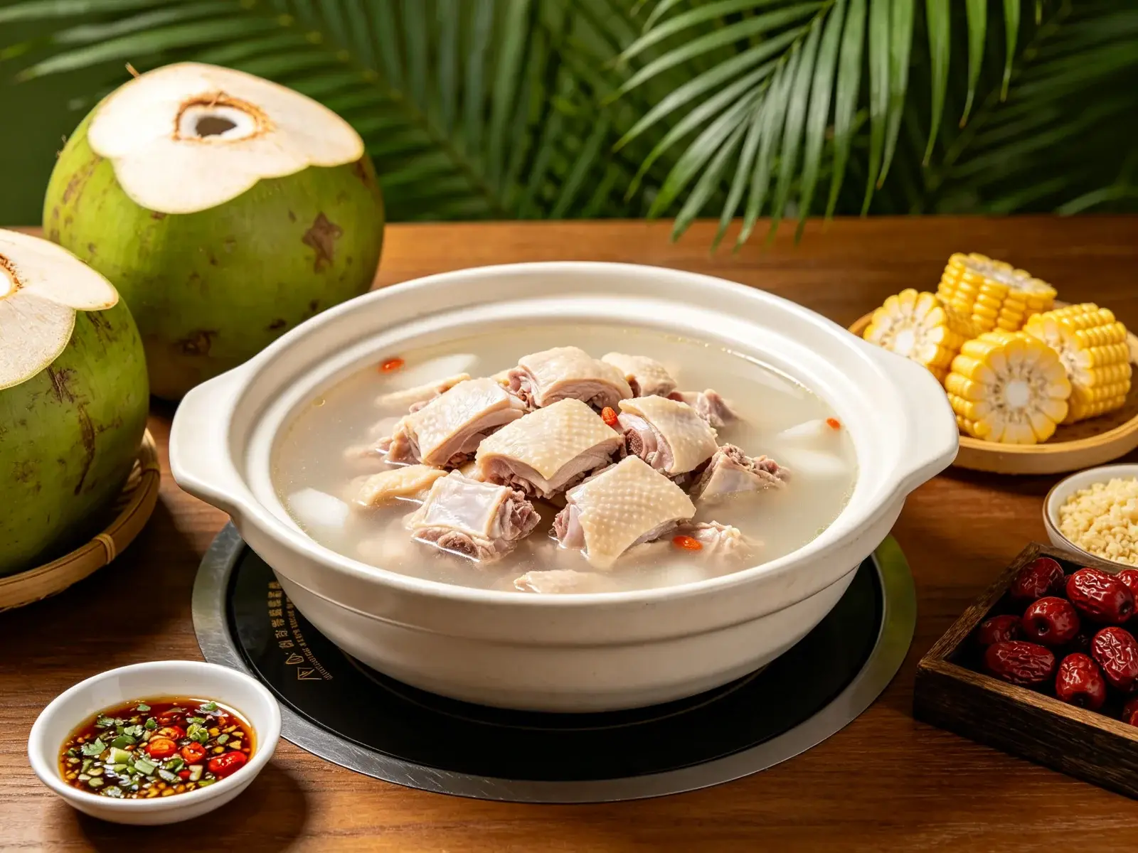Hainan coconut chicken hot pot with clear coconut broth, tender chicken, fresh green coconuts, corn, dates and a small dish of dipping sauce