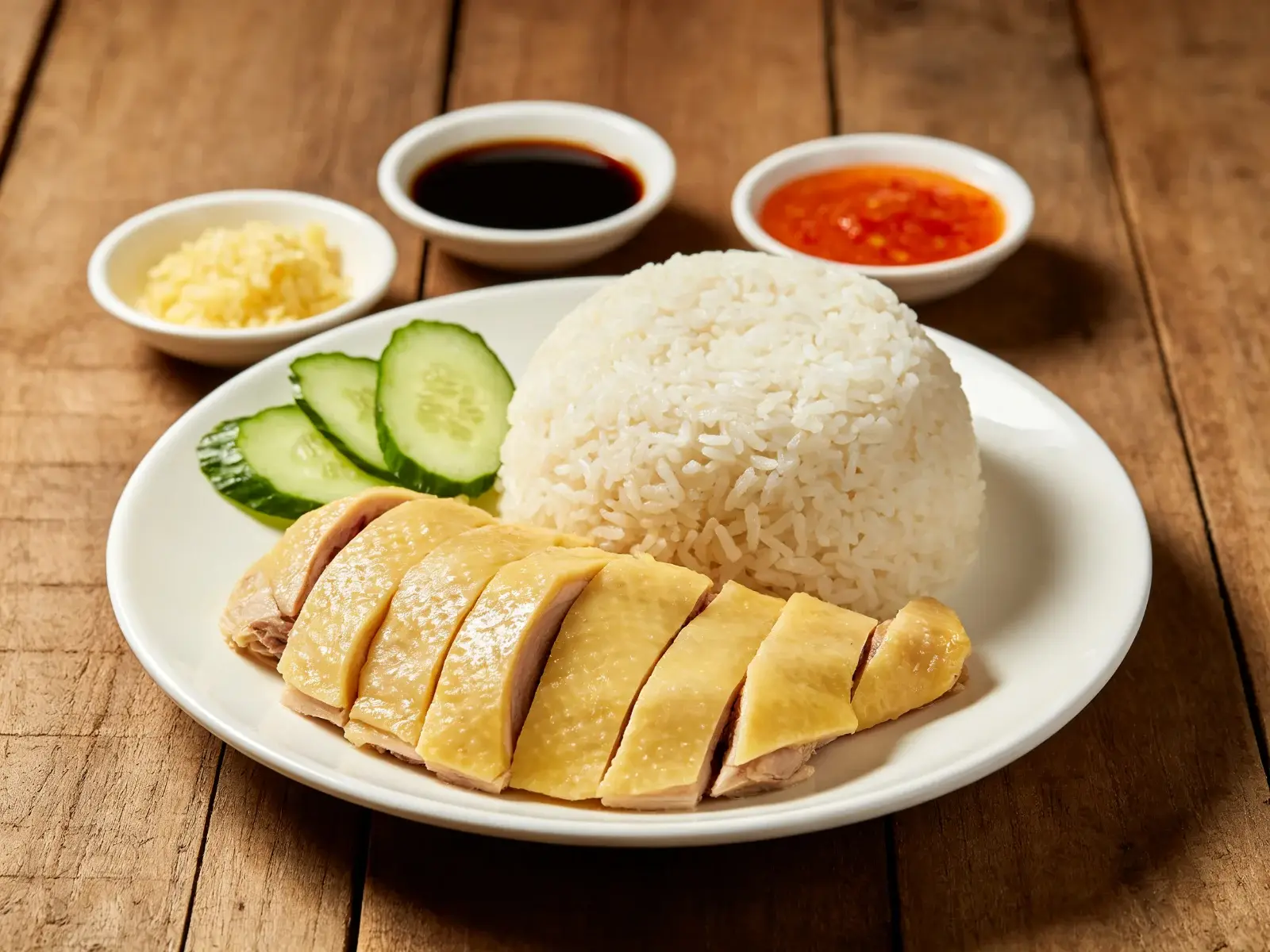 Hainanese chicken rice with sliced poached chicken, a mound of fragrant rice, cucumber and three small dishes of soy, ginger and chilli sauces