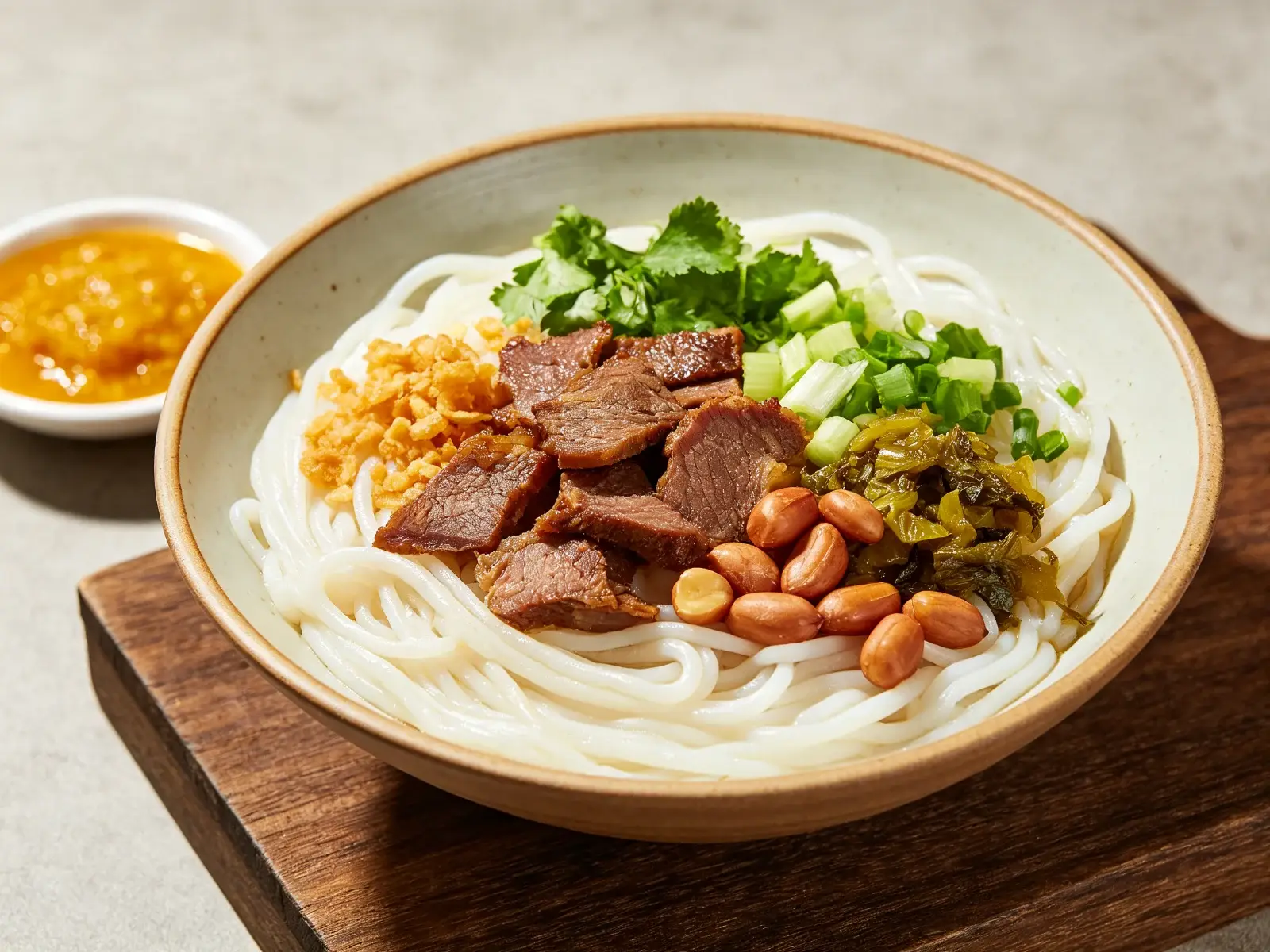 A bowl of Hainan rice noodles topped with dried beef, roasted peanuts, pickled greens, spring onion and coriander with chilli sauce beside it