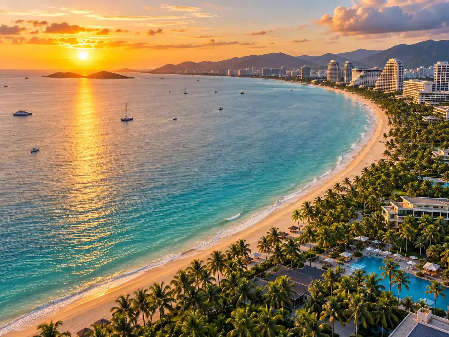 Aerial sunset view of Sanya Bay with a curved white-sand beach, palm trees, resort skyline, boats and golden light over the South China Sea