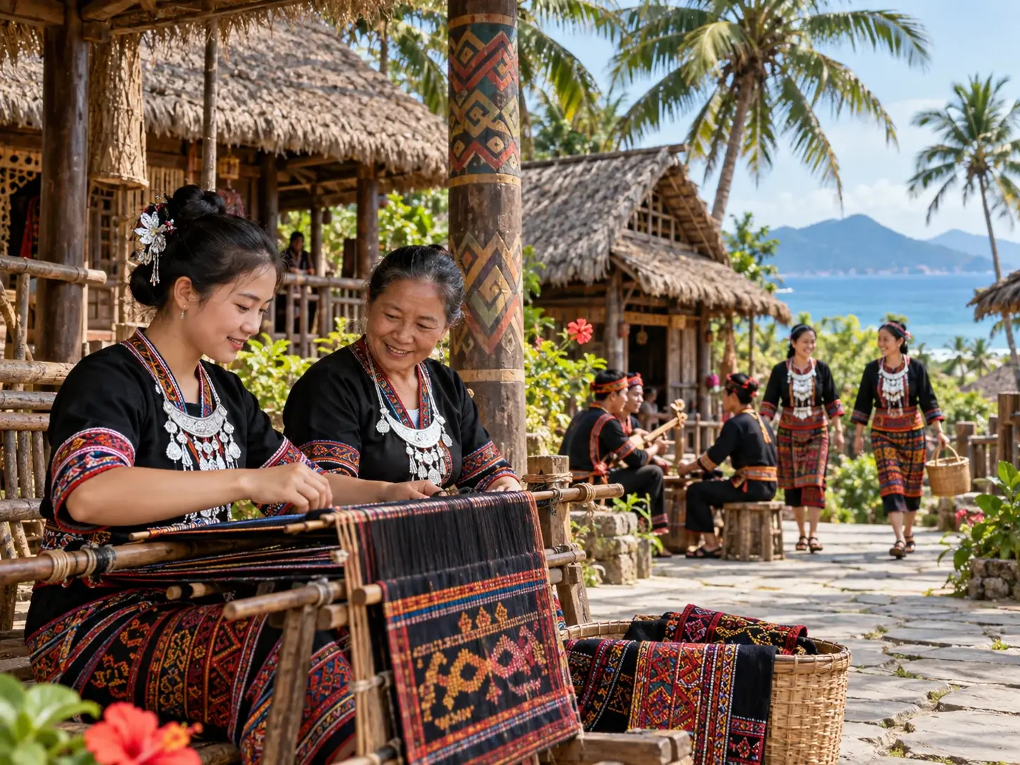 Li women weaving traditional brocade on a wooden loom in a thatched-roof village, wearing silver ornaments, with palm trees and the sea beyond