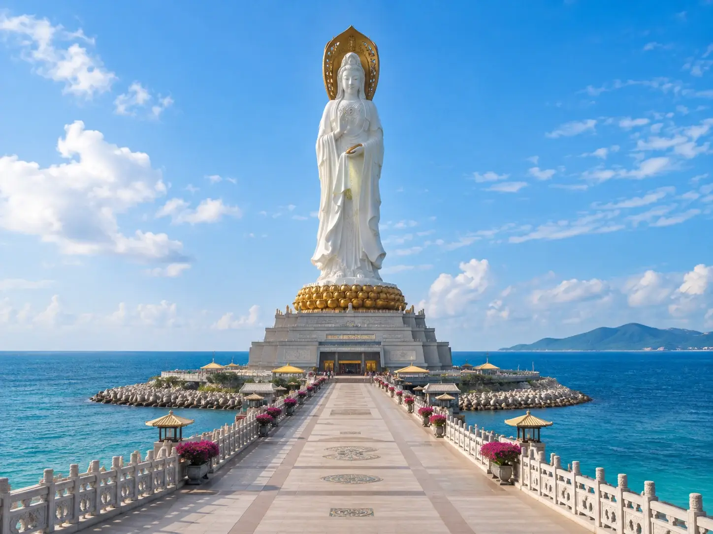 The white Nanshan Guanyin statue standing above the sea at the end of a long walkway, with pavilions and the South China Sea in Sanya
