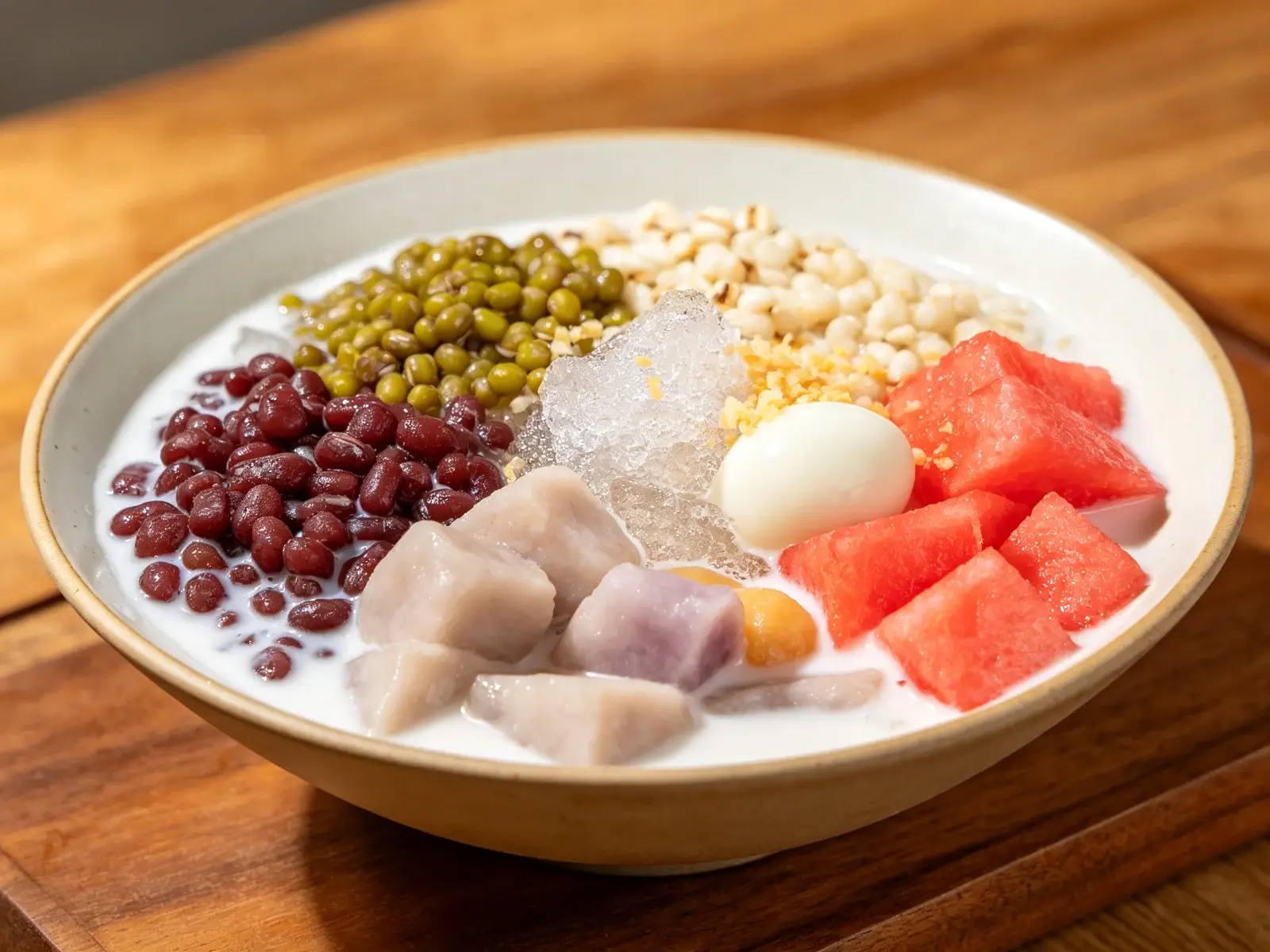 Hainan qing bu liang cold dessert in coconut milk with red beans, mung beans, taro, watermelon, a quail egg, barley and crushed ice