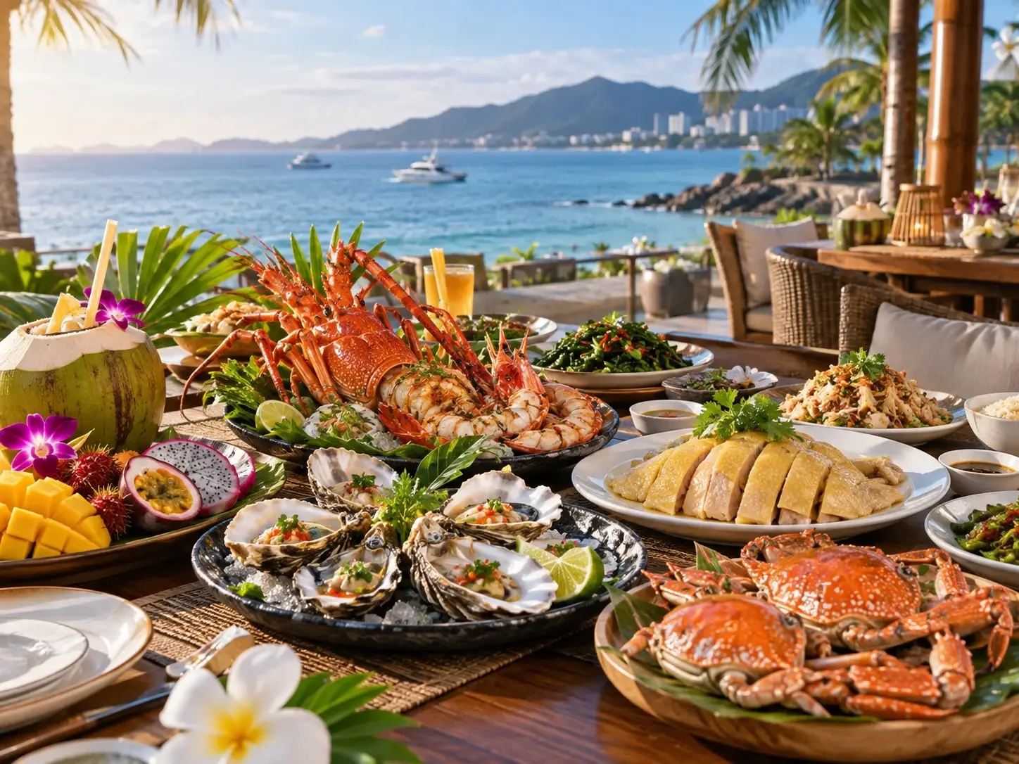 A lavish Sanya seafood spread with lobster, crabs, oysters, Hainan chicken and tropical fruit on a table overlooking the sea