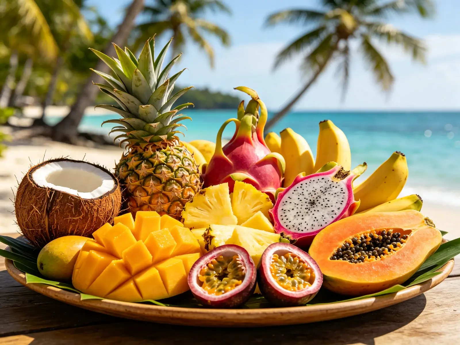 A tropical fruit platter with mango, pineapple, papaya, dragon fruit, banana, coconut and passion fruit on a beach table by the sea