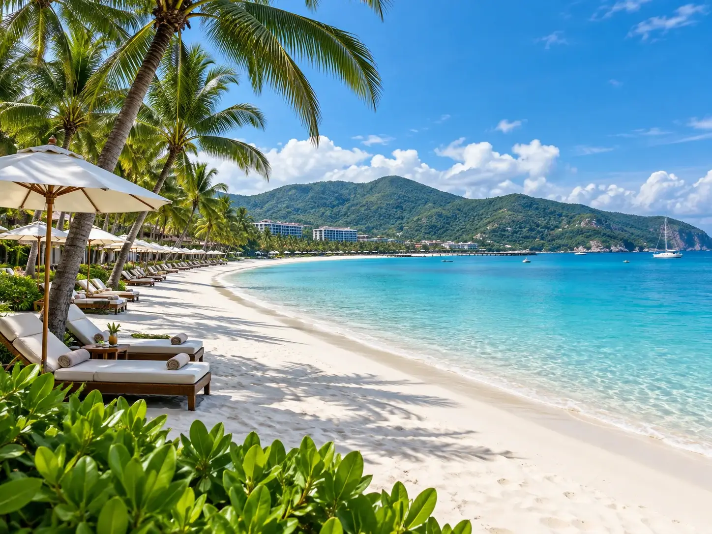 Yalong Bay in Sanya — a crescent of white sand with sun loungers, palm trees, turquoise water and green headlands under a bright blue sky