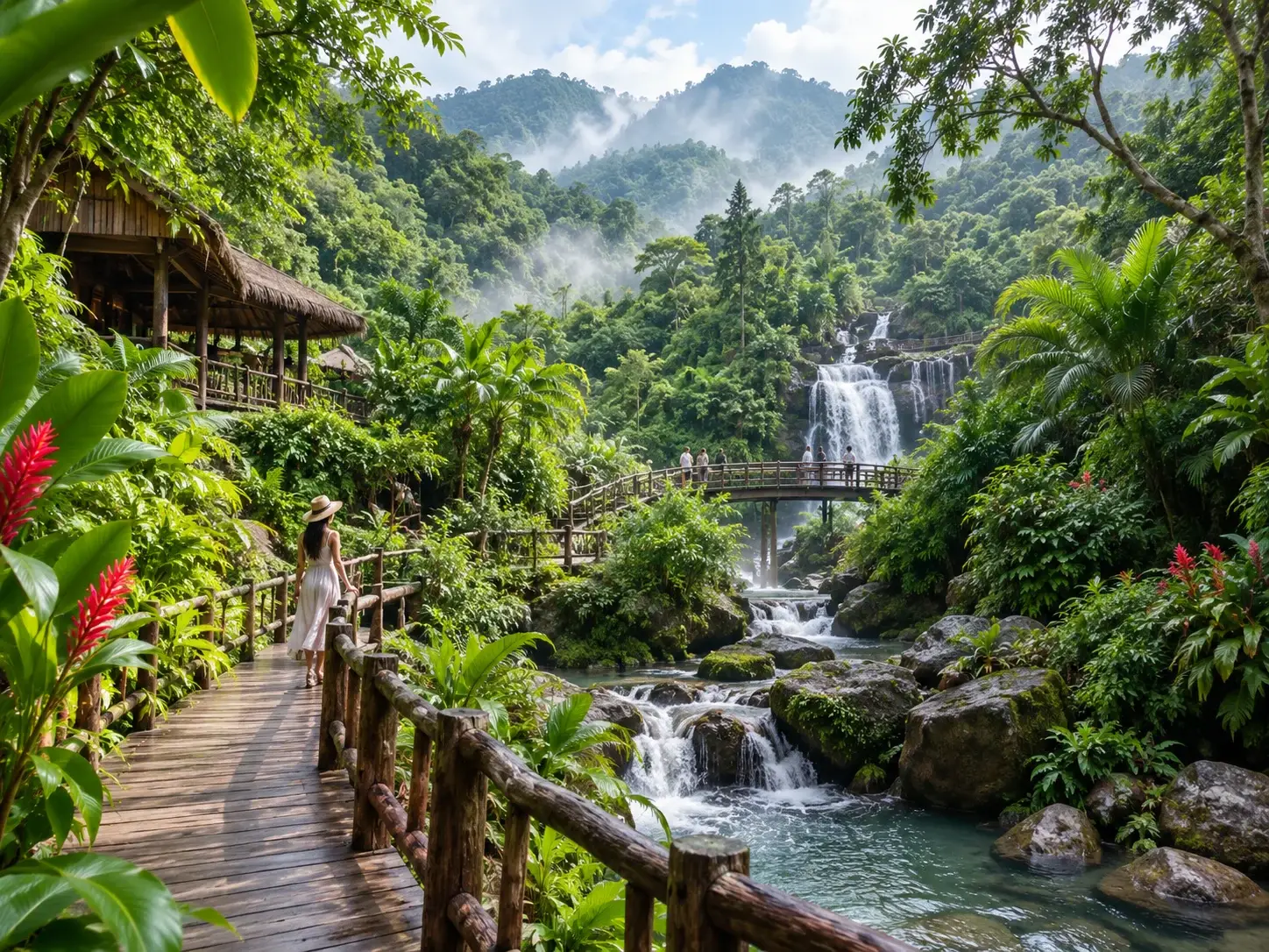 Lush Yanoda tropical rainforest with a wooden boardwalk, a waterfall, a bridge and a visitor in a white dress among dense green foliage