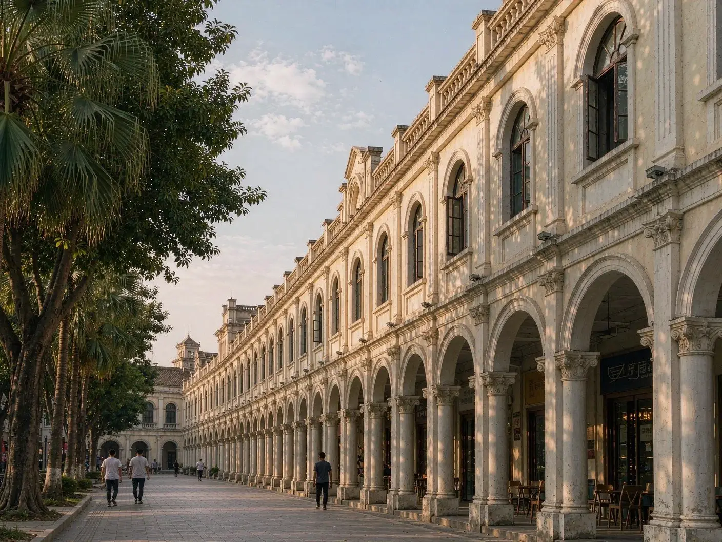 Shamian colonial-era buildings and tree-lined street