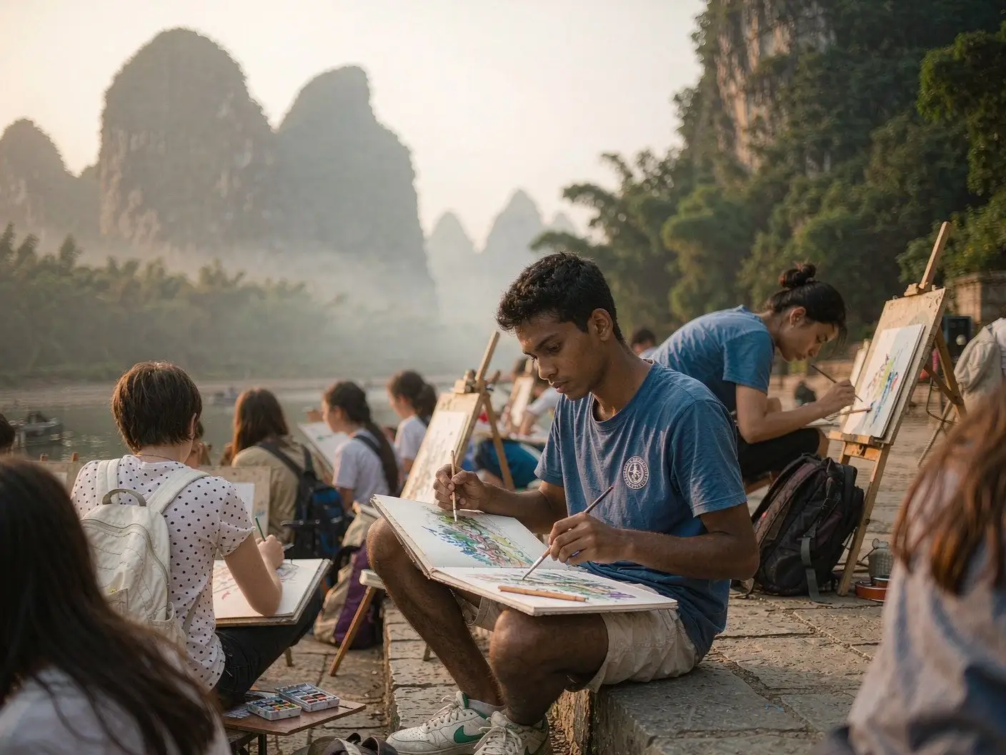 International students sketching and young creative work in Guilin