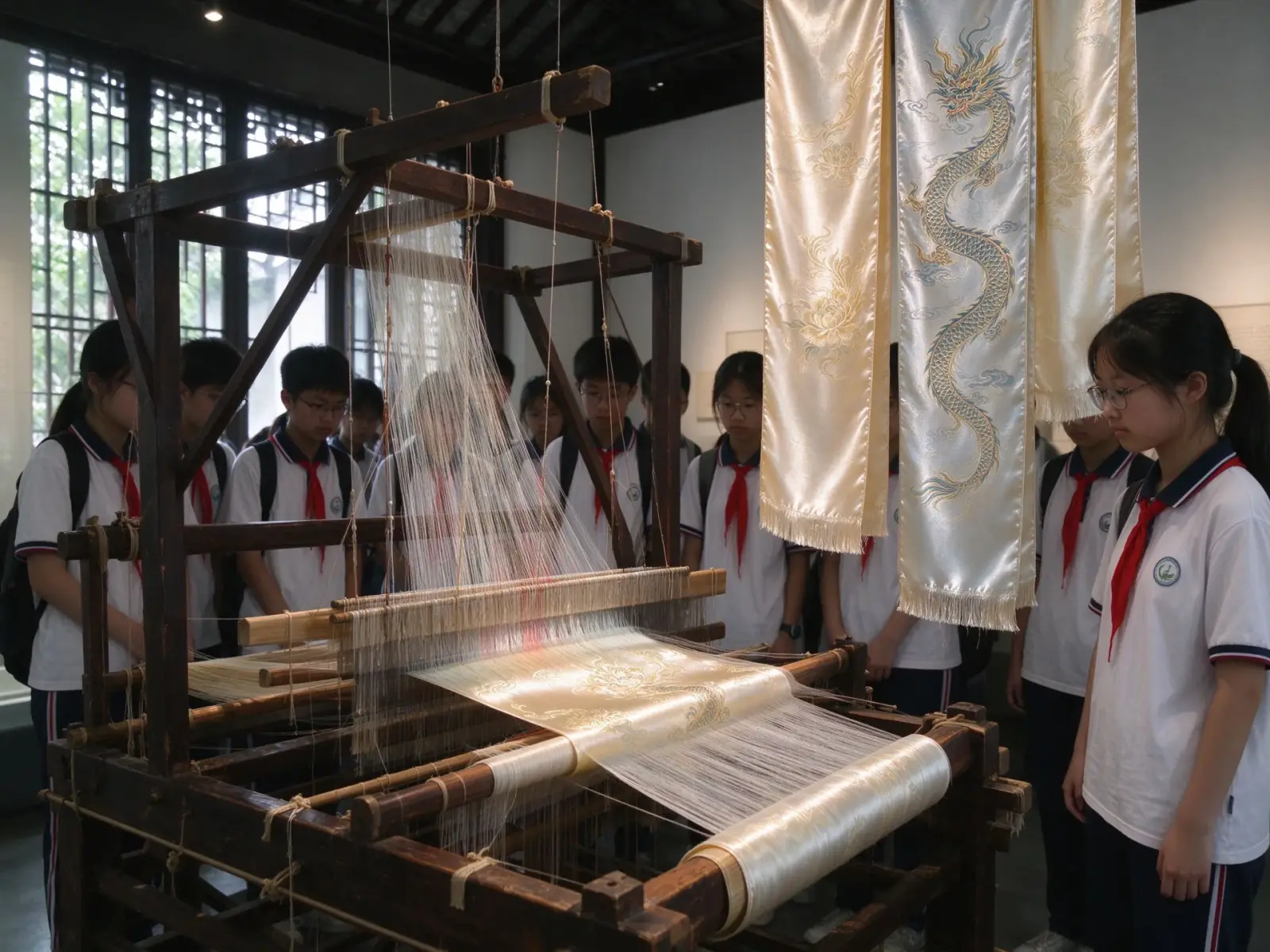 Suzhou Silk Museum looms and silk displays