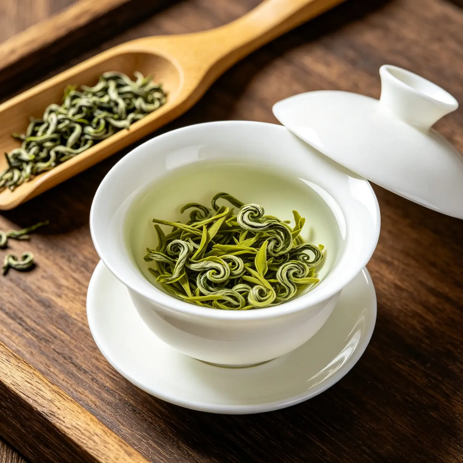 Biluochun green tea in a white porcelain gaiwan, with curled tender leaves and a bamboo spoon of dry tea on a wooden board