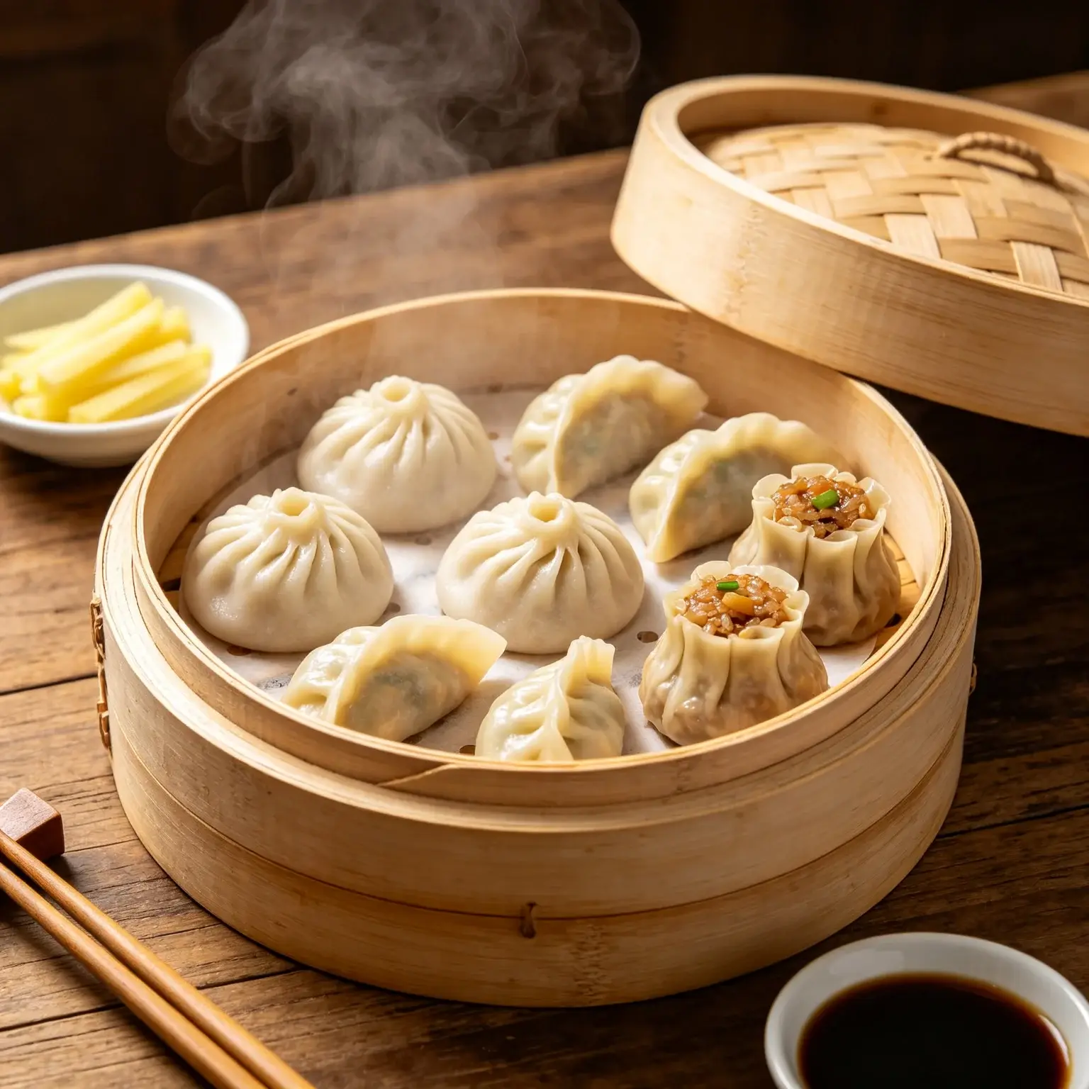 Steaming Suzhou seasonal dim sum in a bamboo steamer — xiaolongbao, dumplings and shaomai — with ginger and vinegar