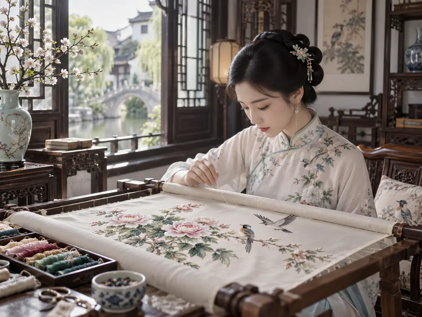 A woman embroidering peonies and birds on silk in an elegant classical room by a lattice window over a Suzhou canal