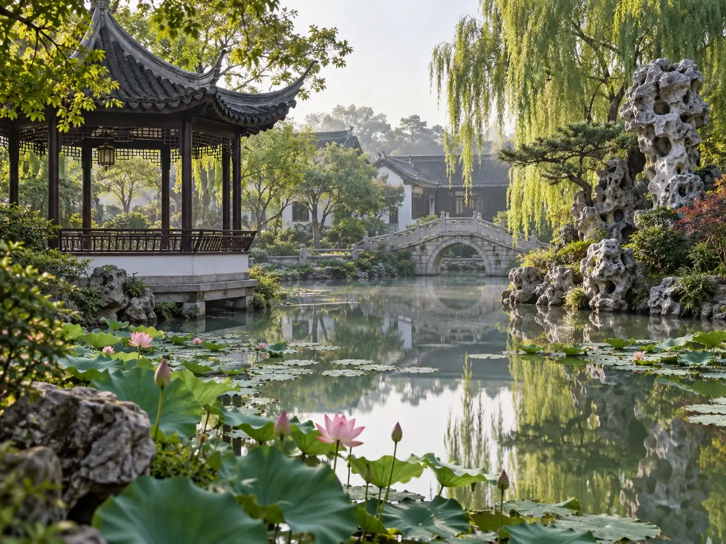 A classical Suzhou garden with a lotus pond, a hexagonal pavilion, an arched stone bridge, Taihu rocks and weeping willows