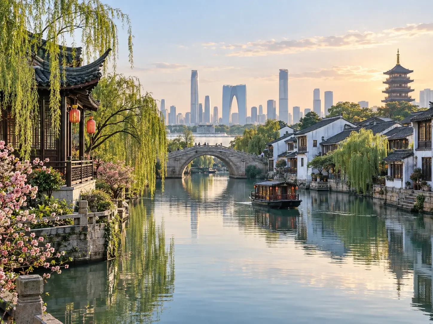 A Suzhou canal at sunset with a stone arch bridge, whitewashed houses, weeping willows, a wooden boat and the modern Gate of the Orient skyline beyond