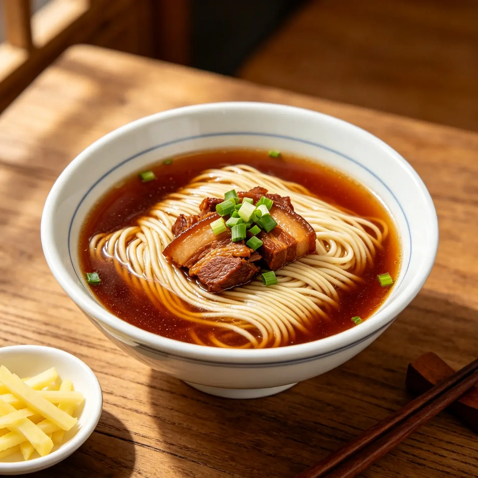A bowl of Suzhou red-soup noodles with thin noodles, braised pork, chopped spring onion and ginger on a wooden table
