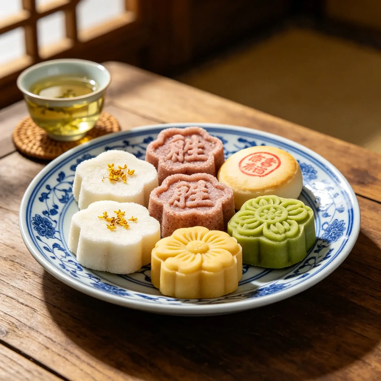 An assortment of delicate Suzhou pastries — osmanthus cake, mung bean cake and mooncakes — on blue-and-white porcelain with tea
