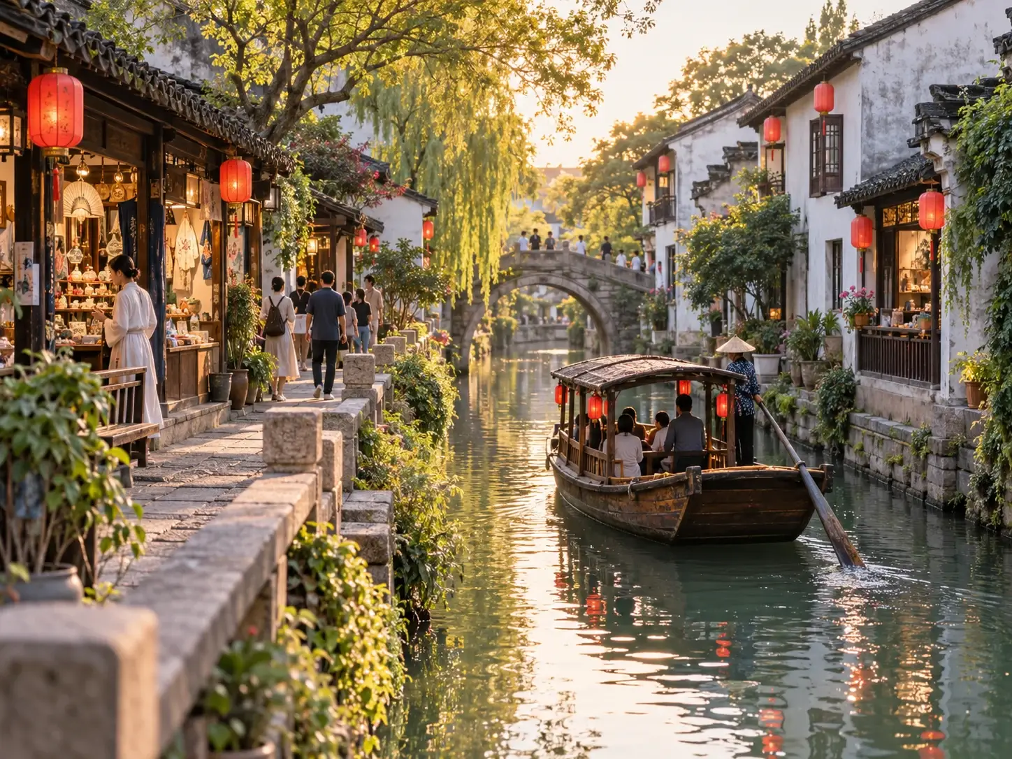 Pingjiang Road in Suzhou at golden hour — a canal lined with lantern-lit shops, a wooden boat, a stone arch bridge and people strolling