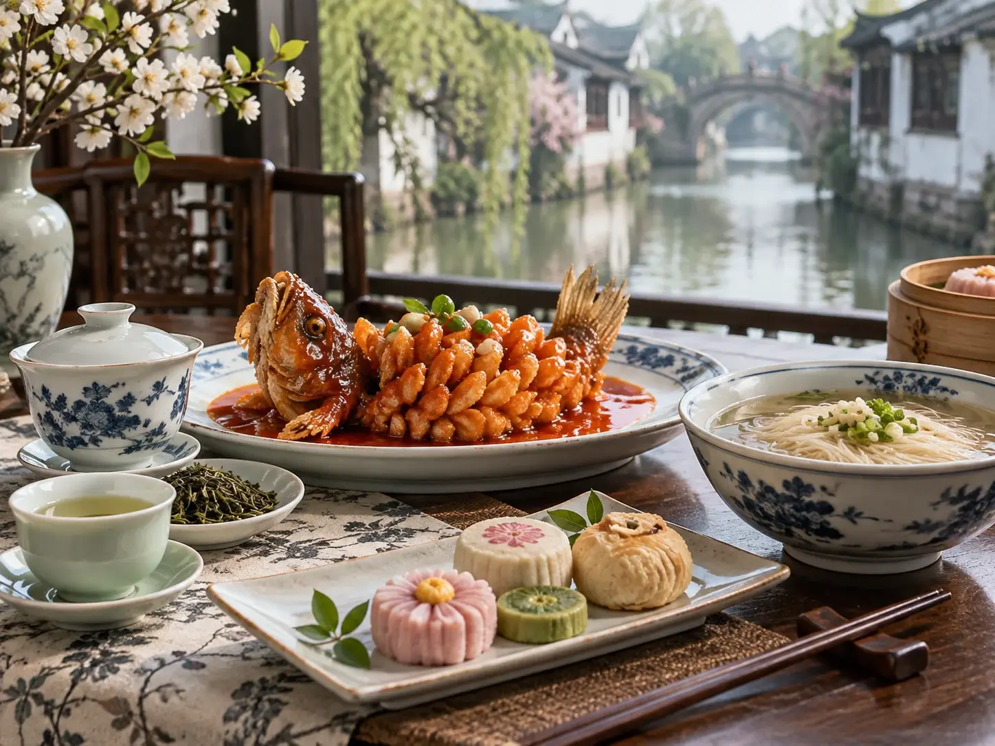 A Suzhou table by a canal with squirrel-shaped mandarin fish in glossy red sauce, noodles, delicate pastries and green tea