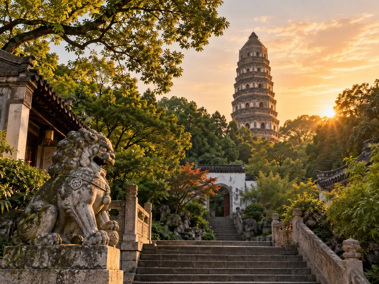 Tiger Hill Pagoda above Suzhou at golden sunset, with a stone lion, ancient steps, temple walls and dense green woods