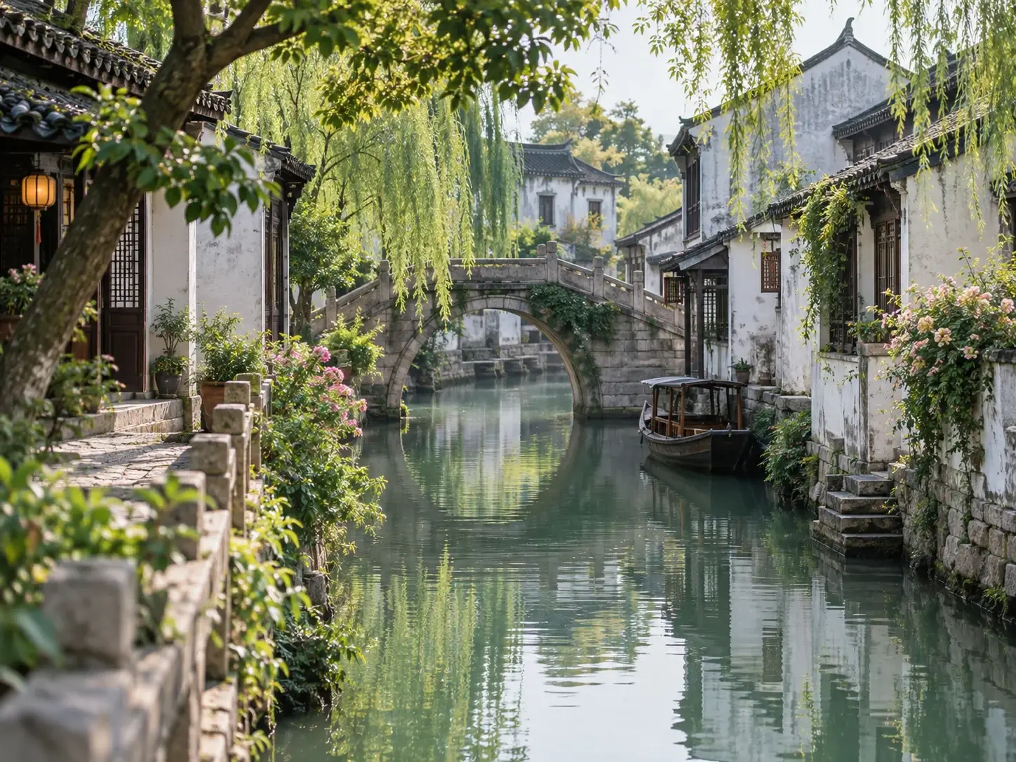 Tongli water town near Suzhou — a quiet canal, a stone arch bridge, a moored wooden boat, weeping willows and whitewashed houses