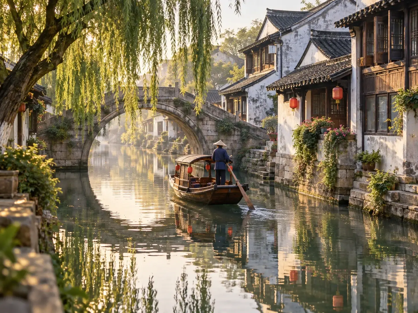 Zhouzhuang water town at golden light — an arched stone bridge, a wooden boat with a boatman, weeping willows and whitewashed canal houses