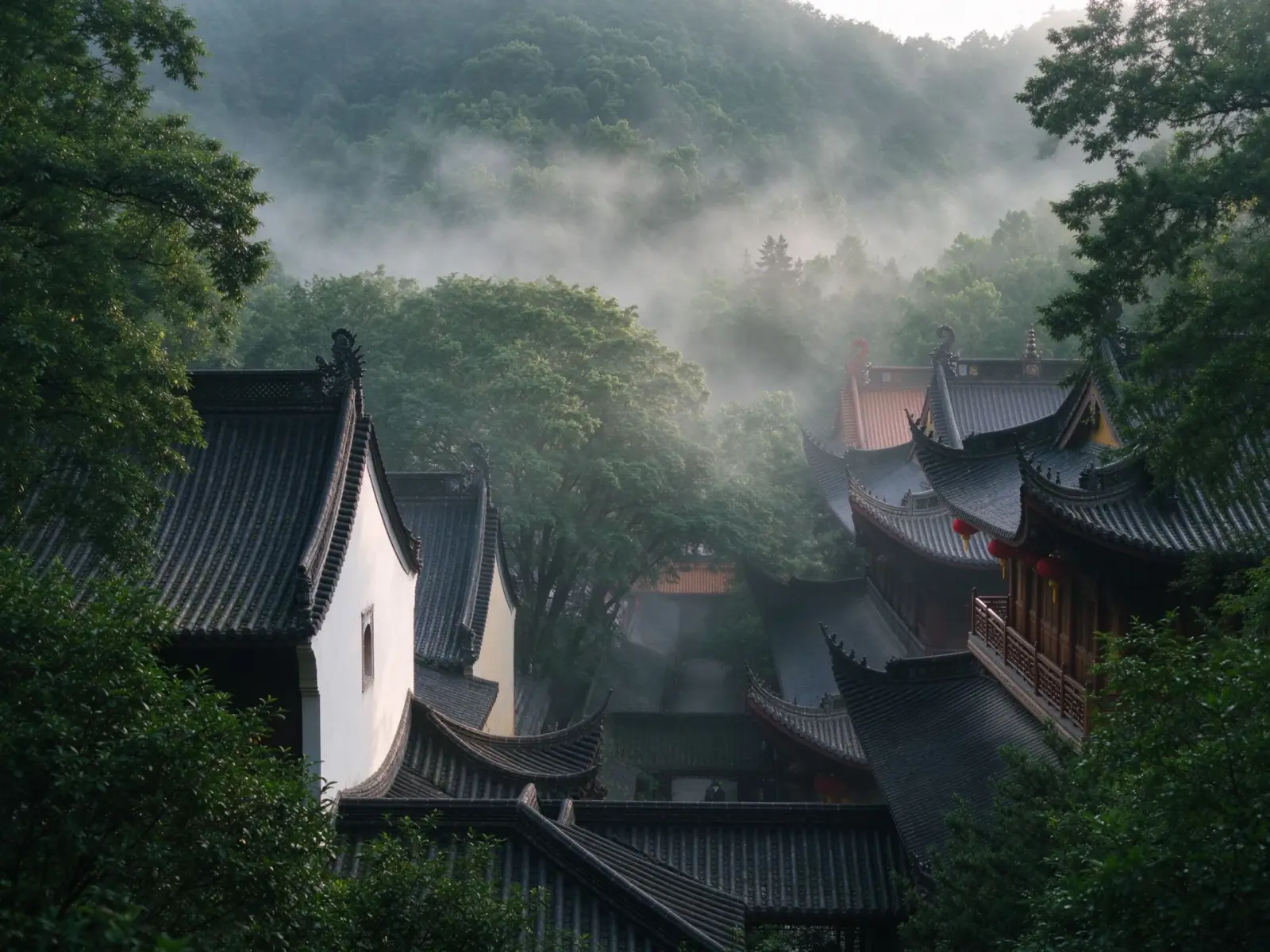 Taoist temples among misty mountain forests