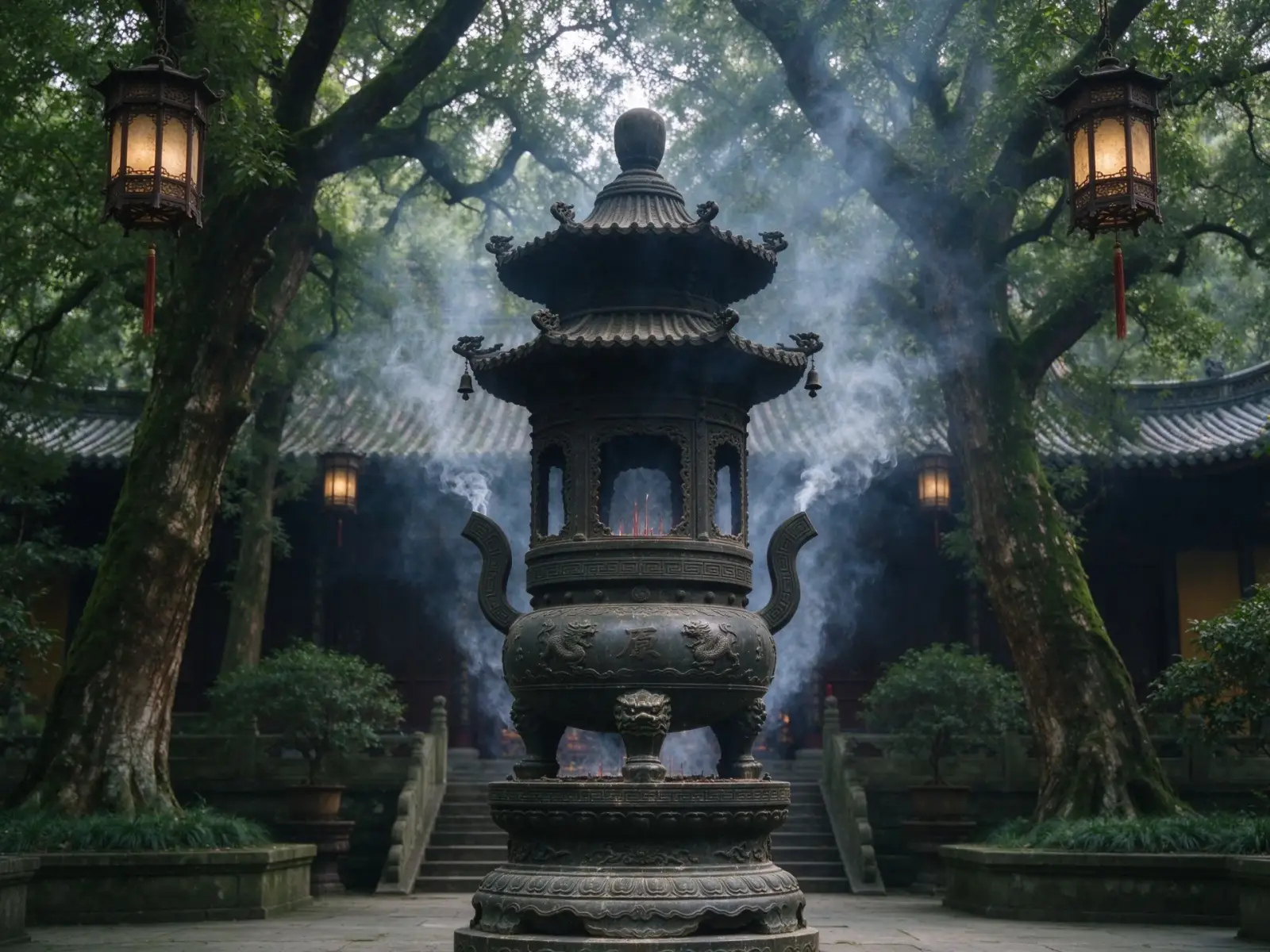 An incense burner in a temple courtyard under old trees and lanterns