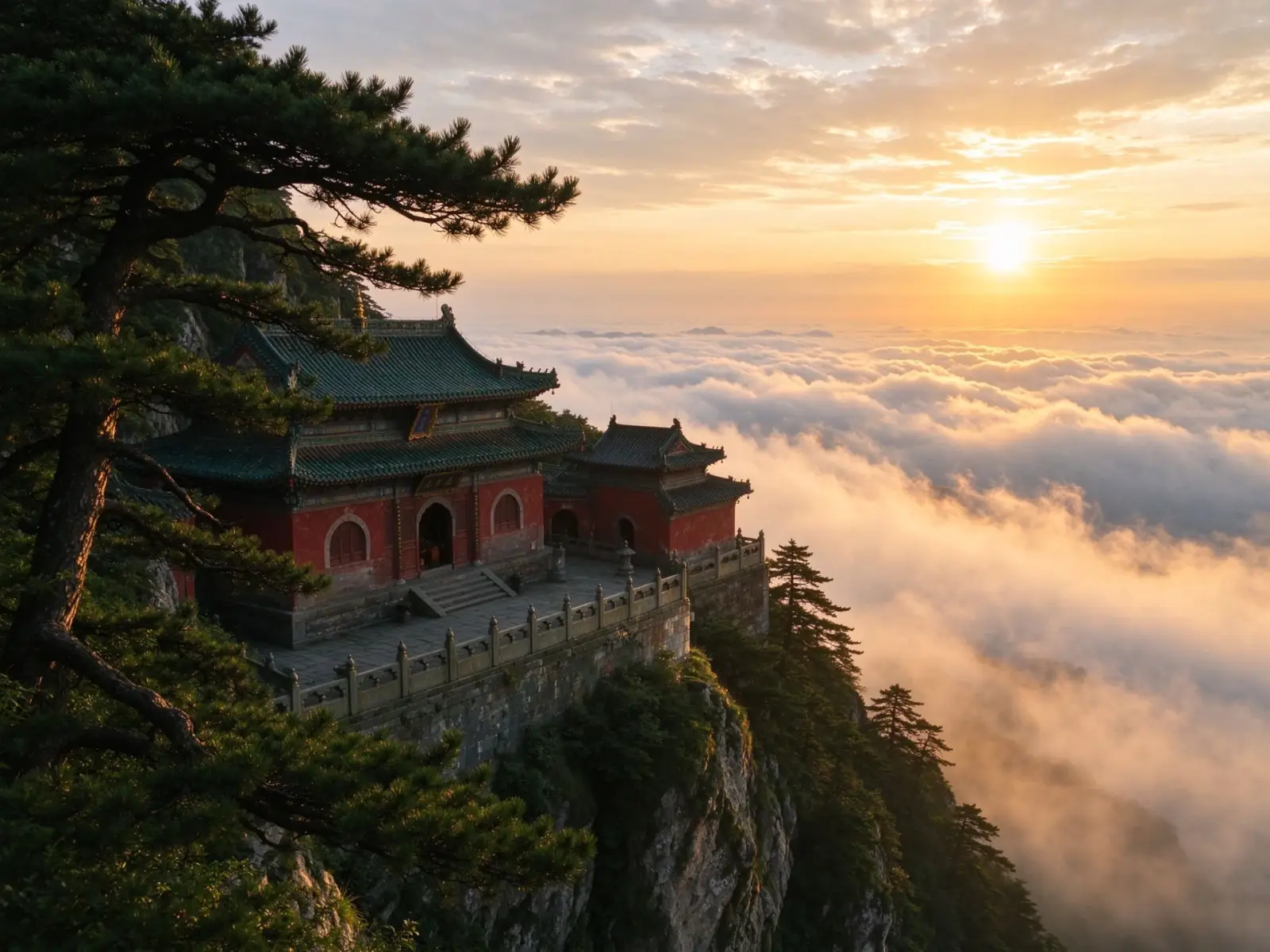 Sunrise over cliff temples among cloud seas and pine forests