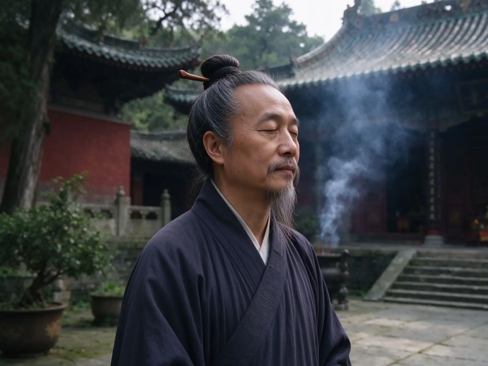 A Taoist priest in traditional robe standing in an ancient temple courtyard