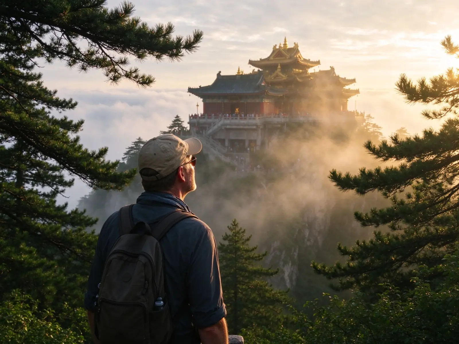 A foreign traveller looking up at a misty mountain Taoist temple at dawn