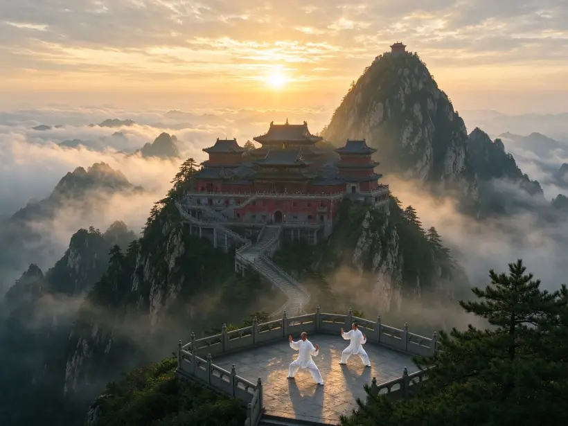 Wudang golden summit temple above a sea of clouds