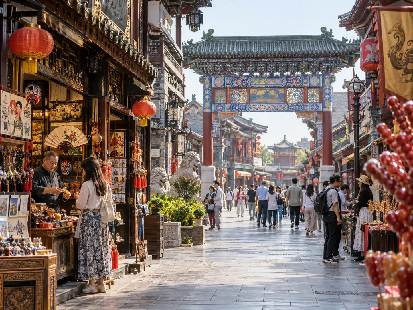Tianjin Ancient Culture Street — a colourful memorial archway, red lanterns, folk craft shops and crowds browsing under a clear sky