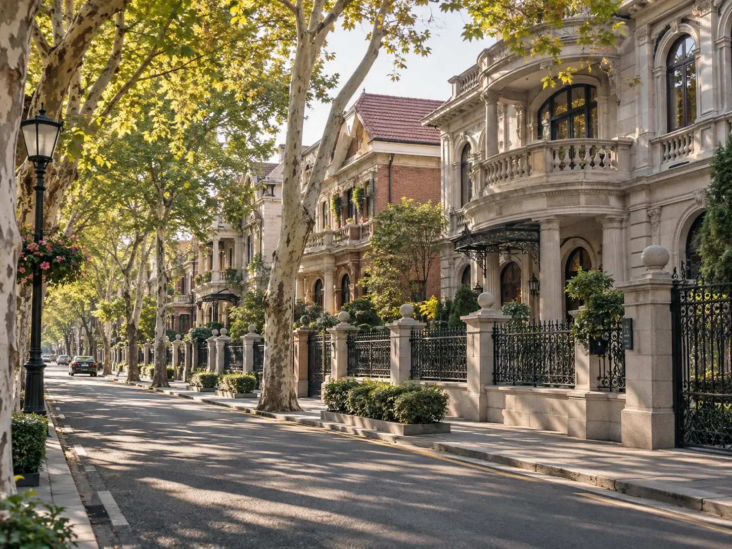 The Five Great Avenues in Tianjin — a tree-lined street of European villas, iron fences, stone pillars and a classic lamppost in soft daylight
