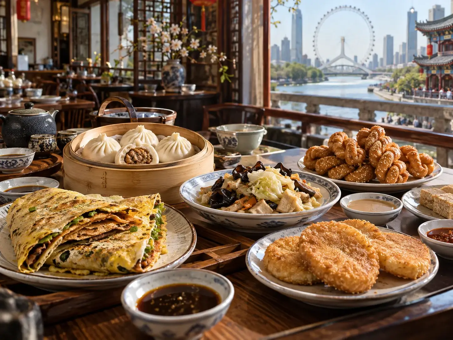 A table of Tianjin food by a riverside window — jianbing, steamed buns, mahua twists, fried cakes and sauces, with the Tianjin Eye beyond
