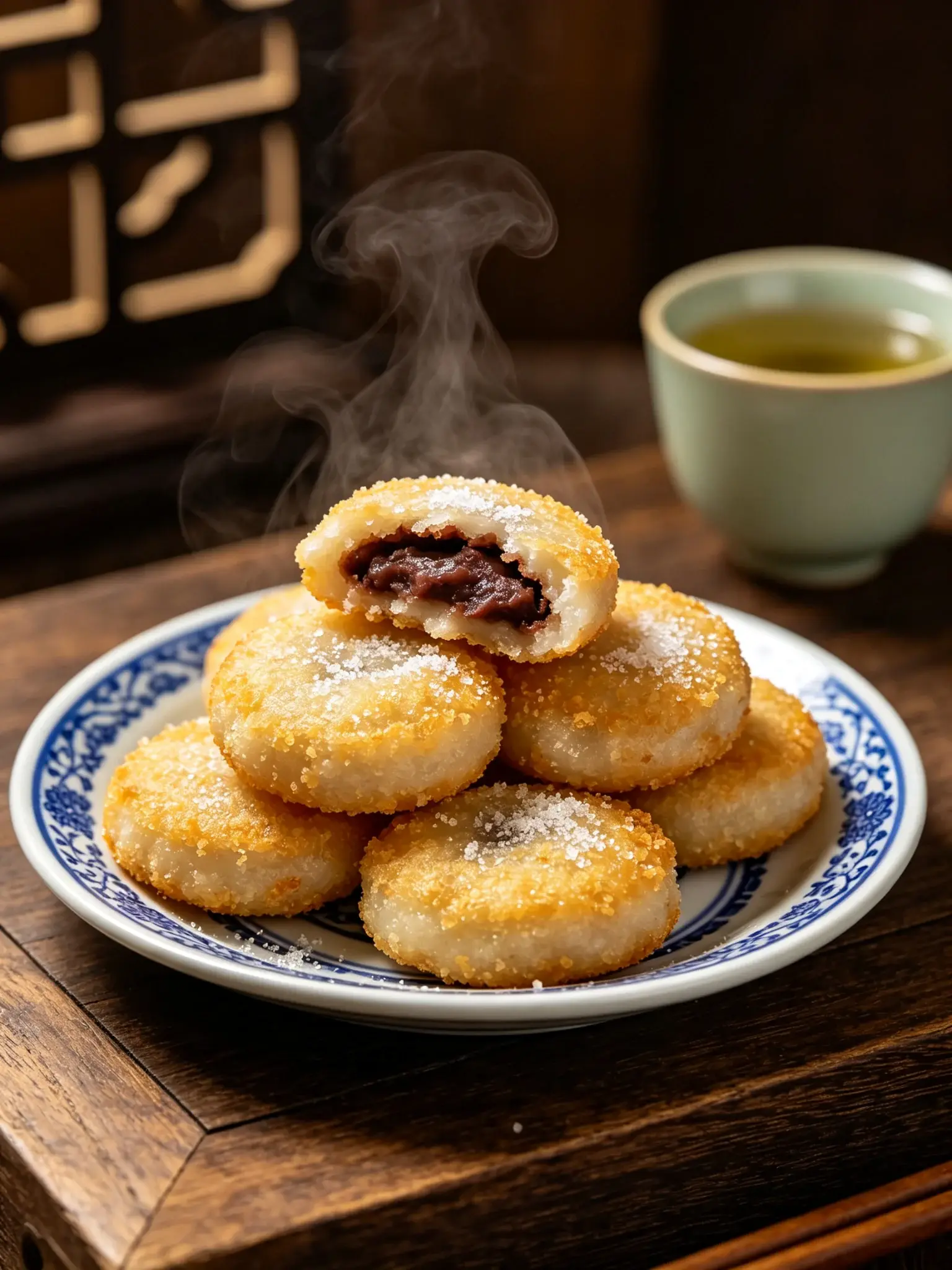 Tianjin Erduoyan fried rice cakes, golden sesame-crusted glutinous cakes piled on a blue-and-white plate, one split to show red bean paste, with tea