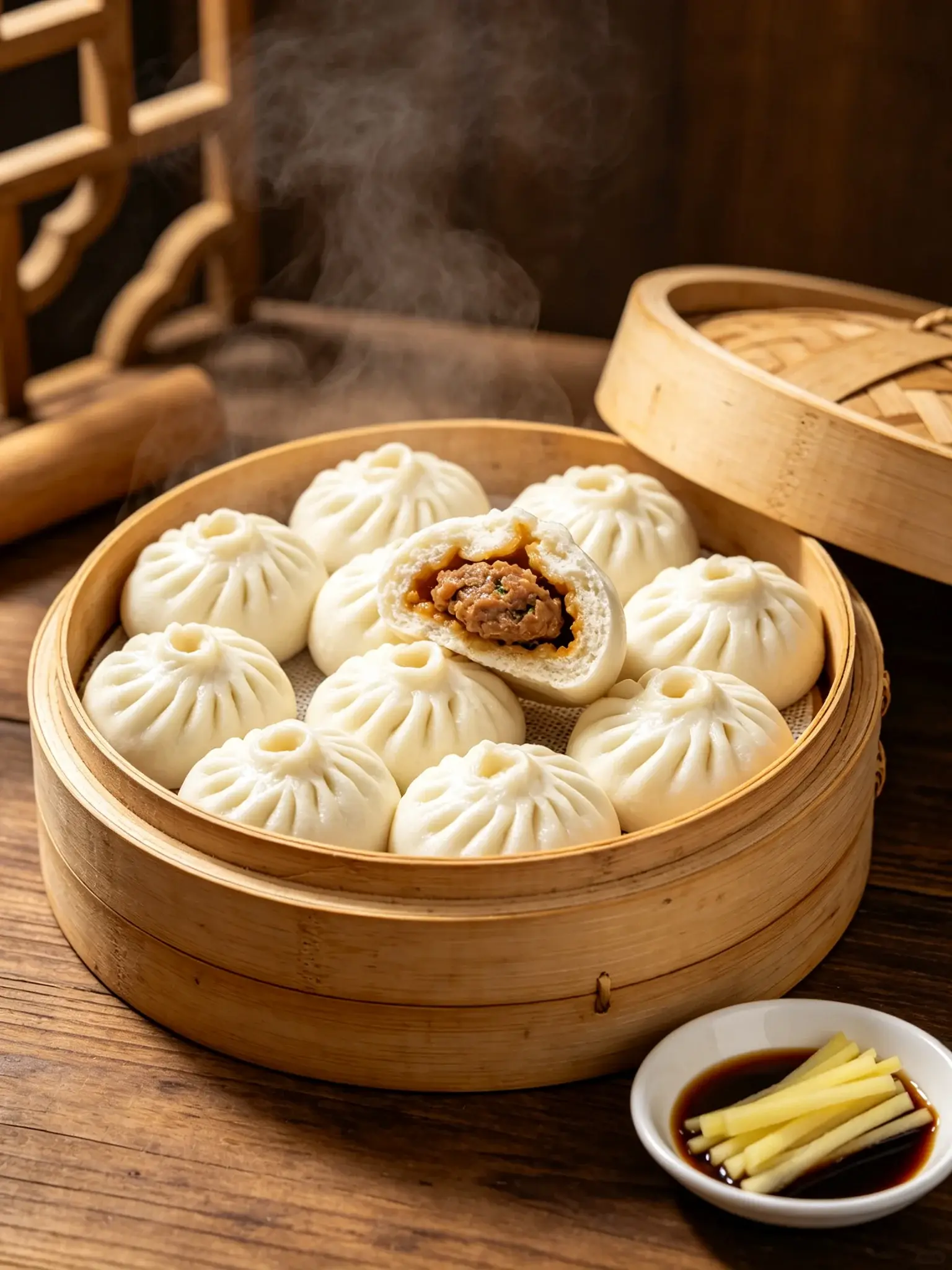Tianjin Goubuli steamed buns in a bamboo steamer, pleated white buns with one opened to show juicy filling, ginger and vinegar beside