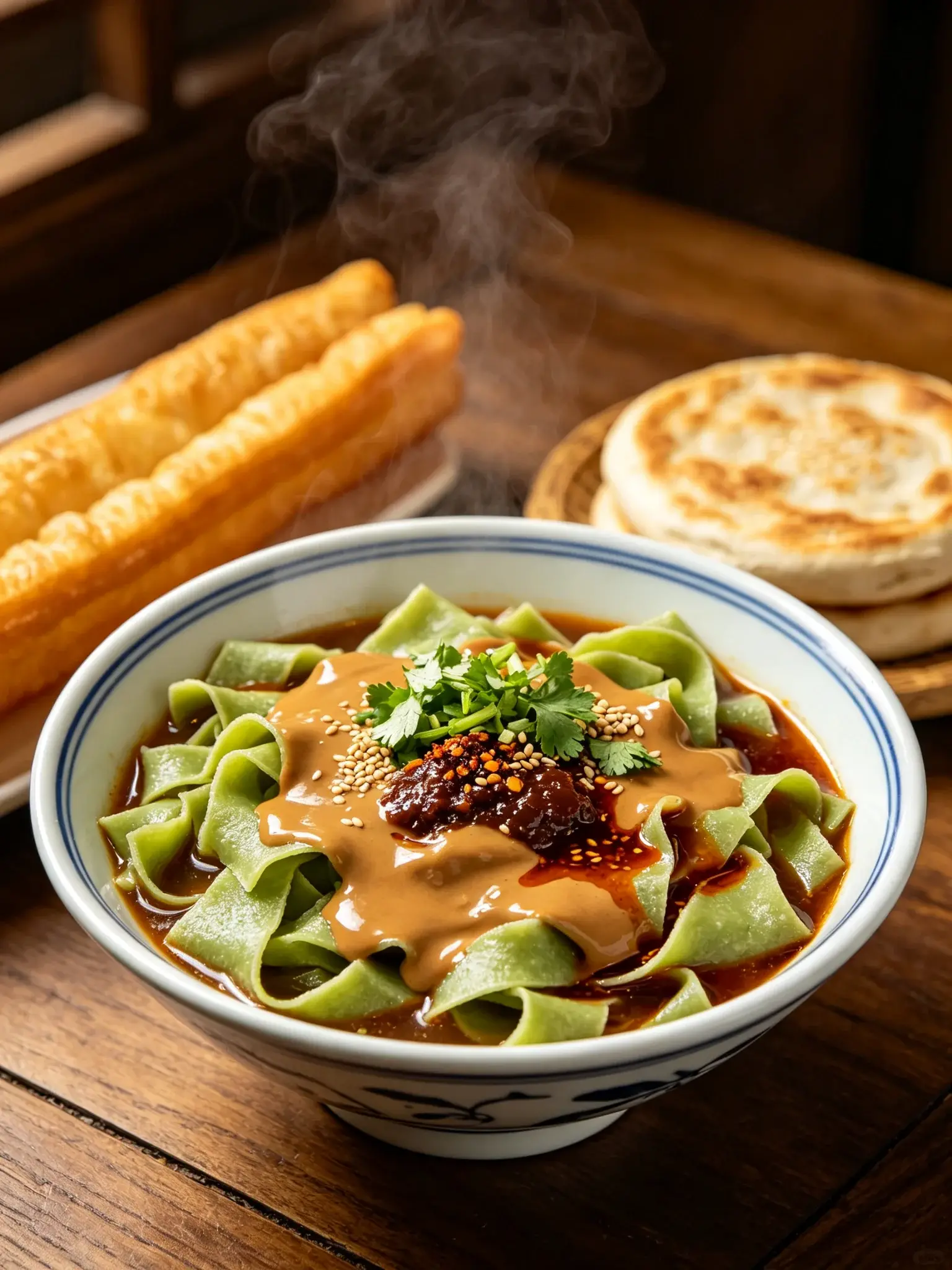 Tianjin guobacai in a bowl — green pancake strips in sesame-paste gravy with chili oil and coriander, with youtiao and sesame bread beside