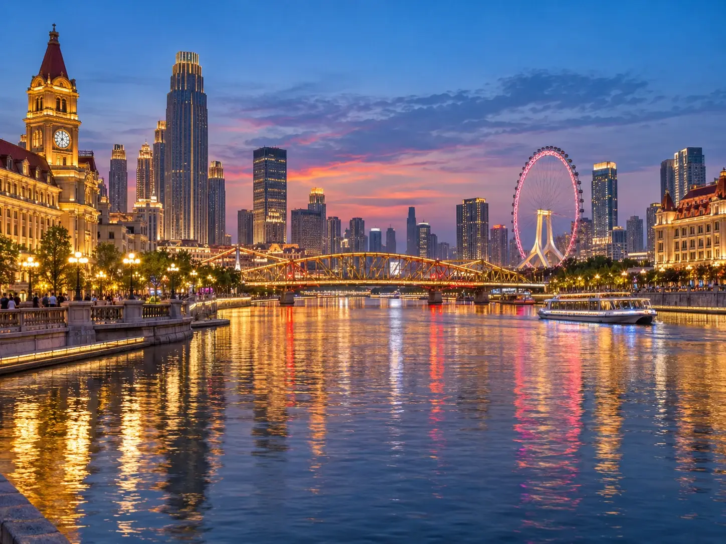 The Hai River through Tianjin at night — a lit steel truss bridge, cruise boats, the Tianjin Eye ferris wheel and skyline lights reflected in the water