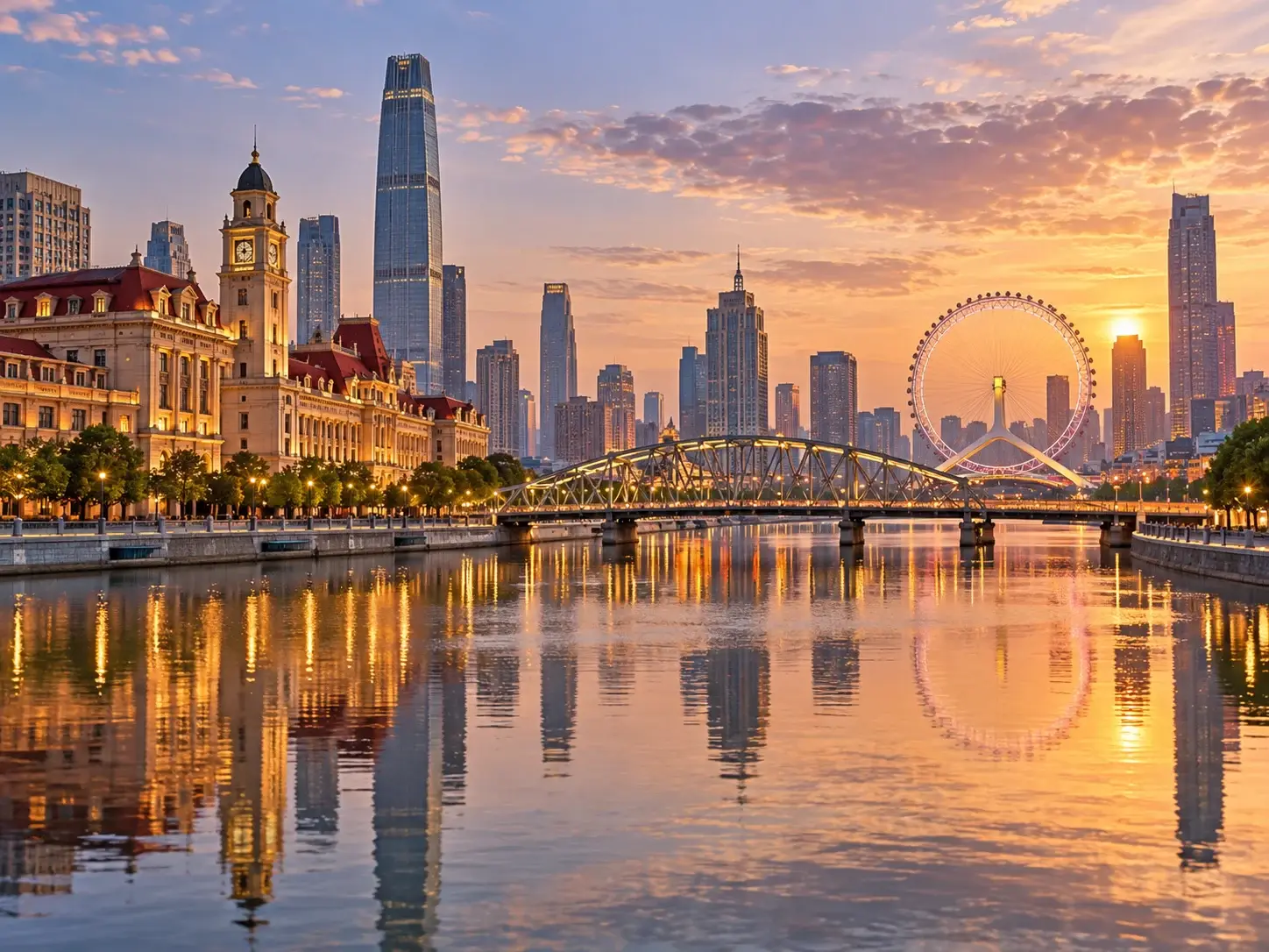 Tianjin along the Hai River at sunset — a steel truss bridge, historic riverside buildings with a clock tower, the Tianjin Eye ferris wheel and a modern skyline mirrored in the water