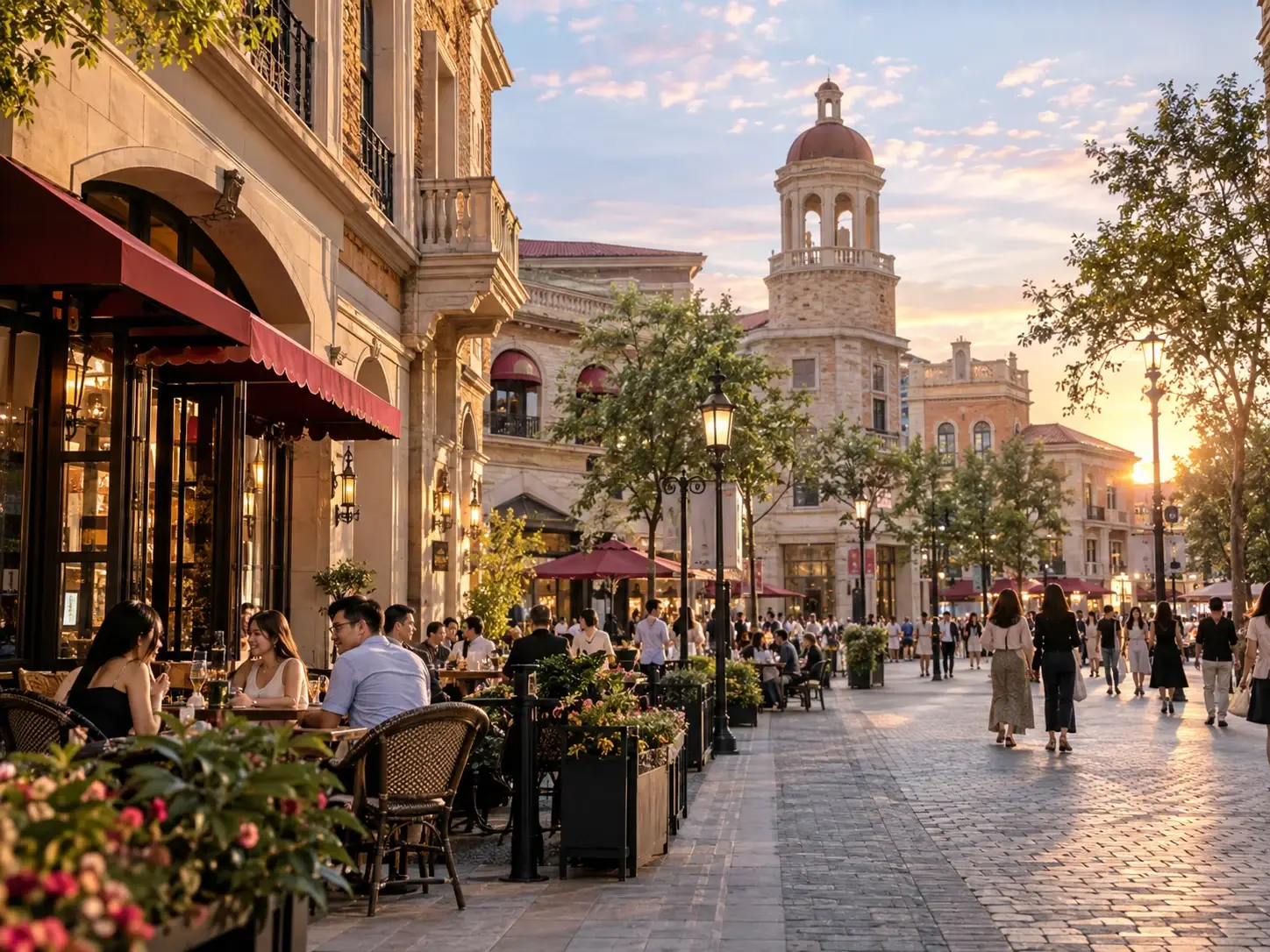 The Italian Style Town in Tianjin at golden dusk — a European plaza with a bell tower, outdoor cafes, cobblestone streets and people dining and strolling