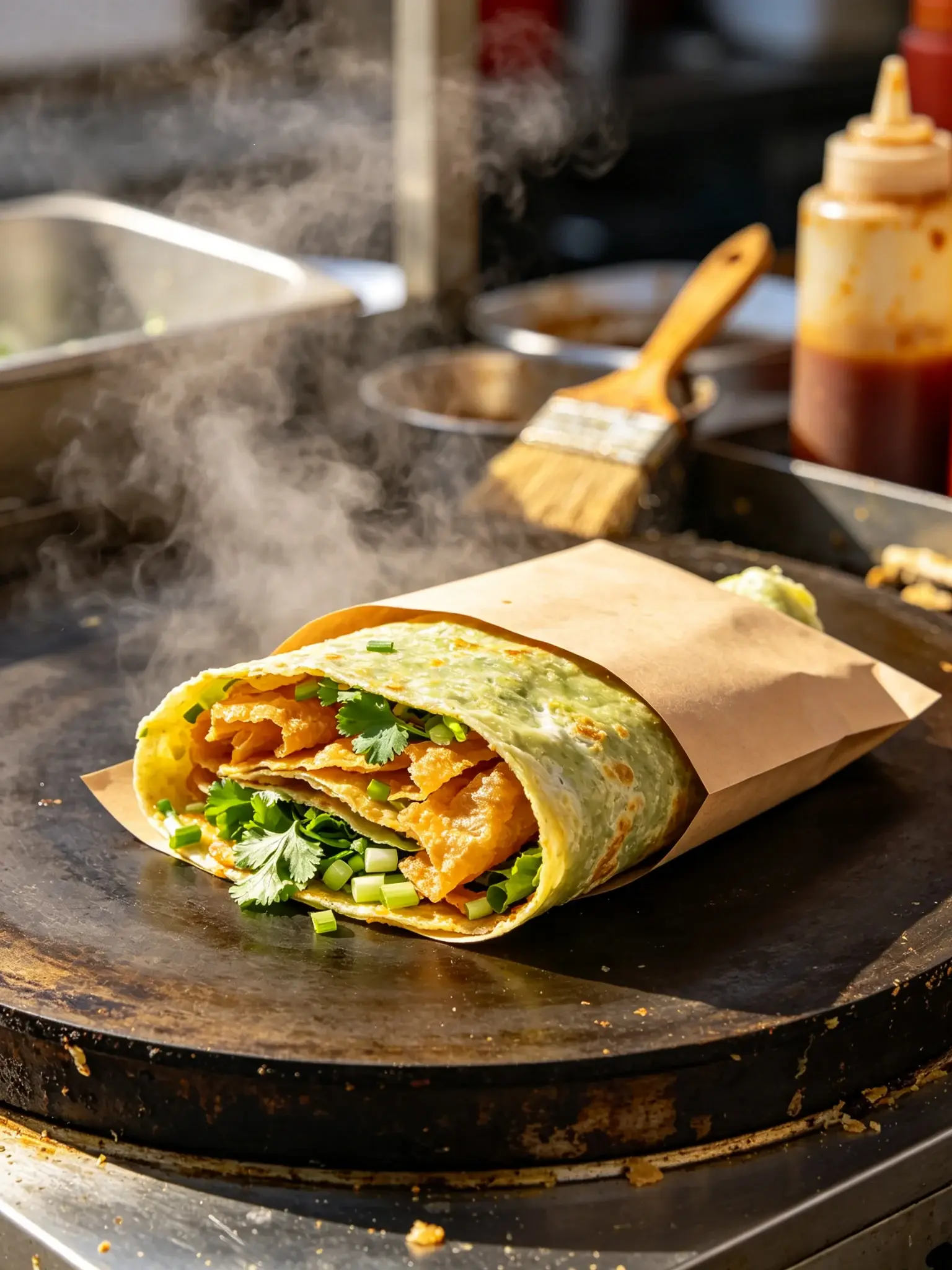 Tianjin jianbing guozi on a hot griddle — a mung-bean pancake wrapped around a golden crisp cracker, spring onion and coriander in paper, with steam rising