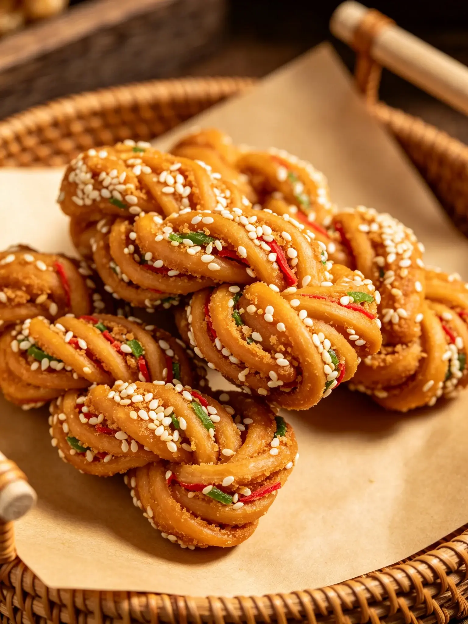 Tianjin mahua fried dough twists, golden and crisp, coated in white sesame and colourful shreds, piled in a wicker basket on paper