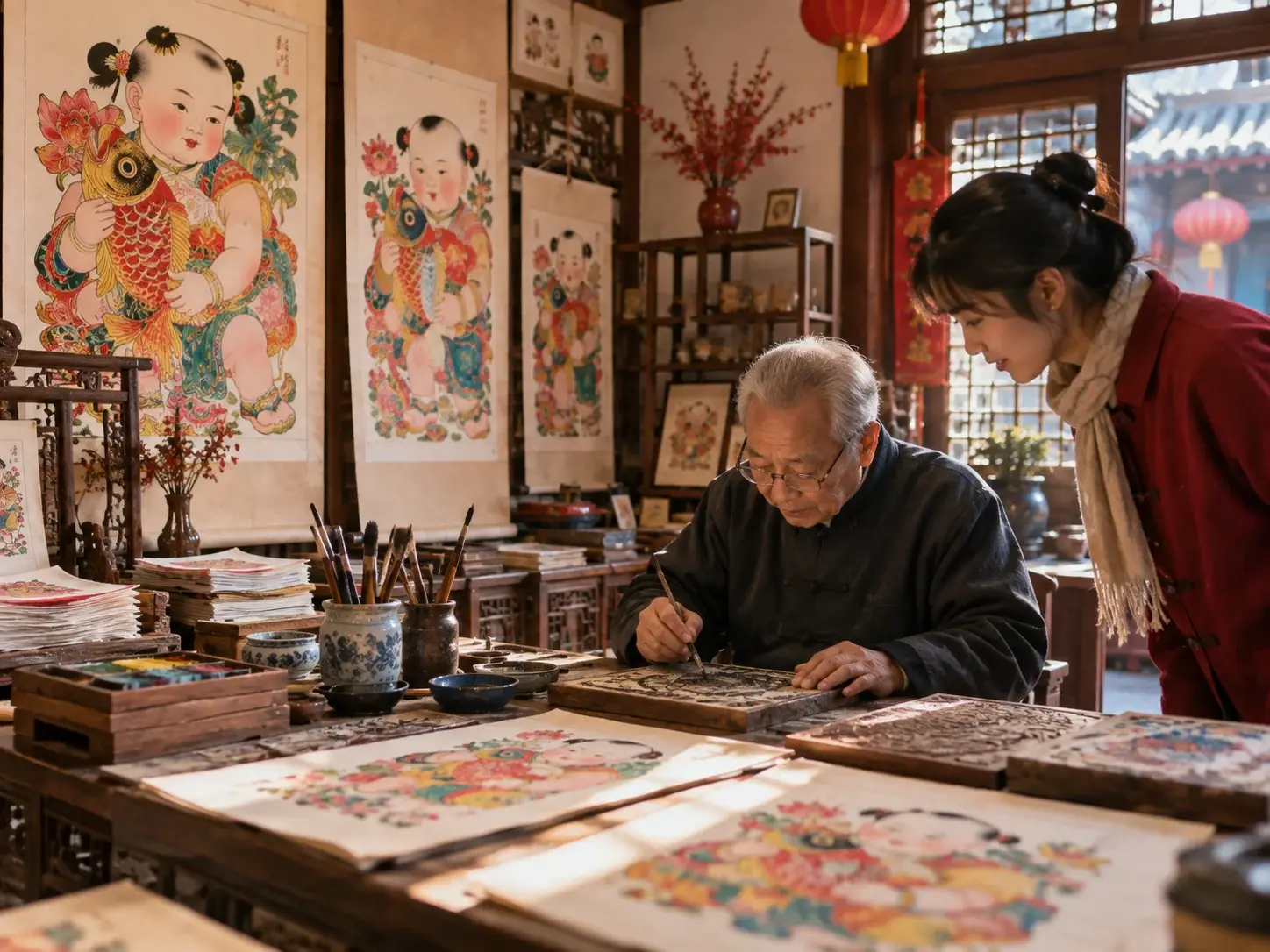 A Yangliuqing New Year painting workshop — an elderly craftsman carving a woodblock while a young woman watches, colourful child-and-fish paintings hung on the wall