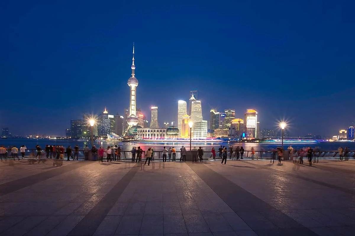 The Shanghai skyline from the Bund at blue hour