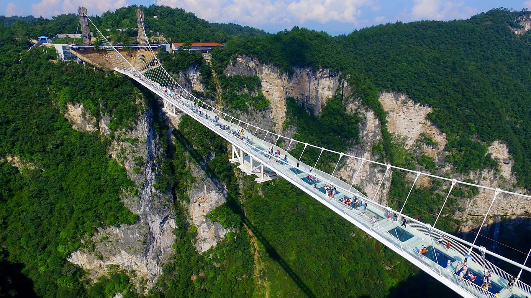 Aerial view of the Zhangjiajie glass bridge over the canyon
