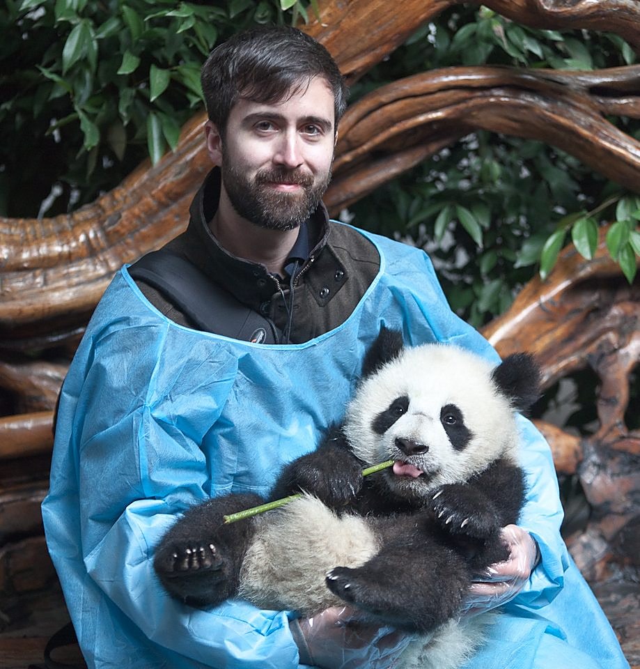A traveler holding a giant panda cub in Chengdu